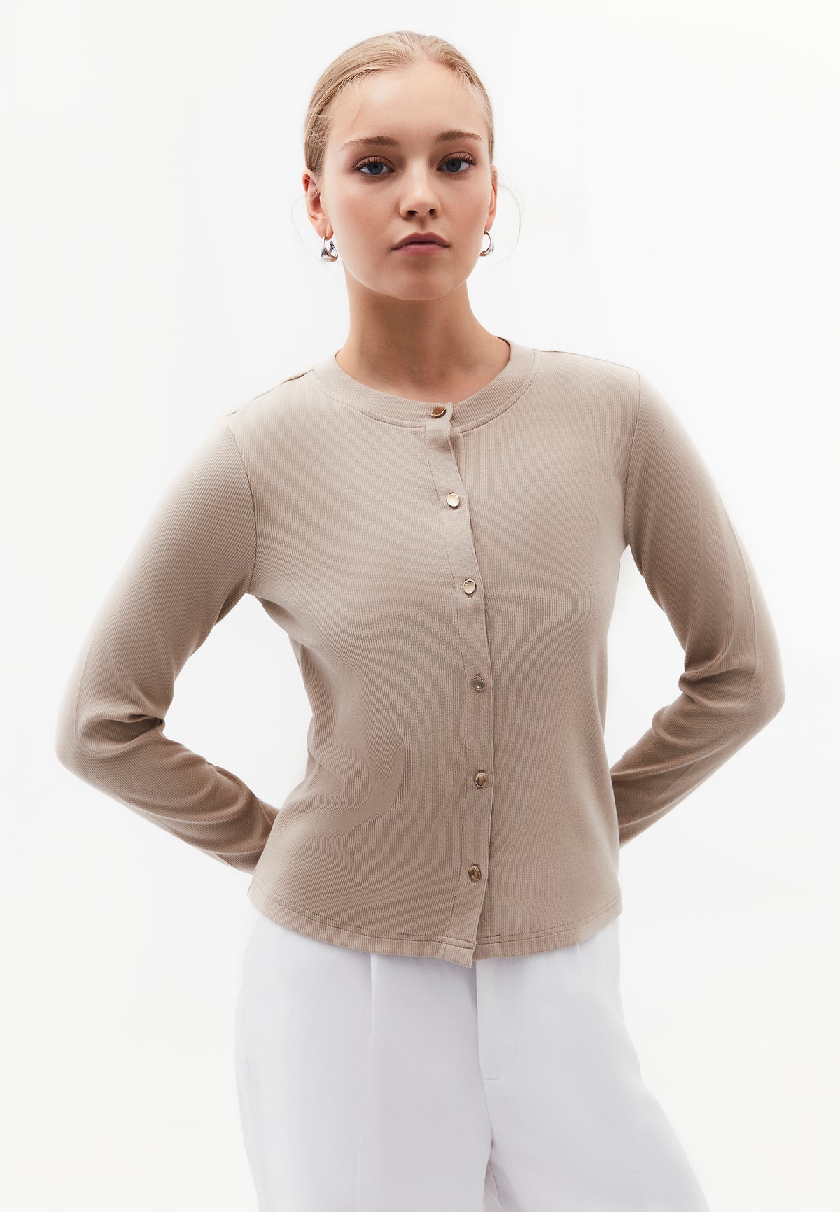 Buttoned Crew Neck Cardigan - PLAZA TAUPE