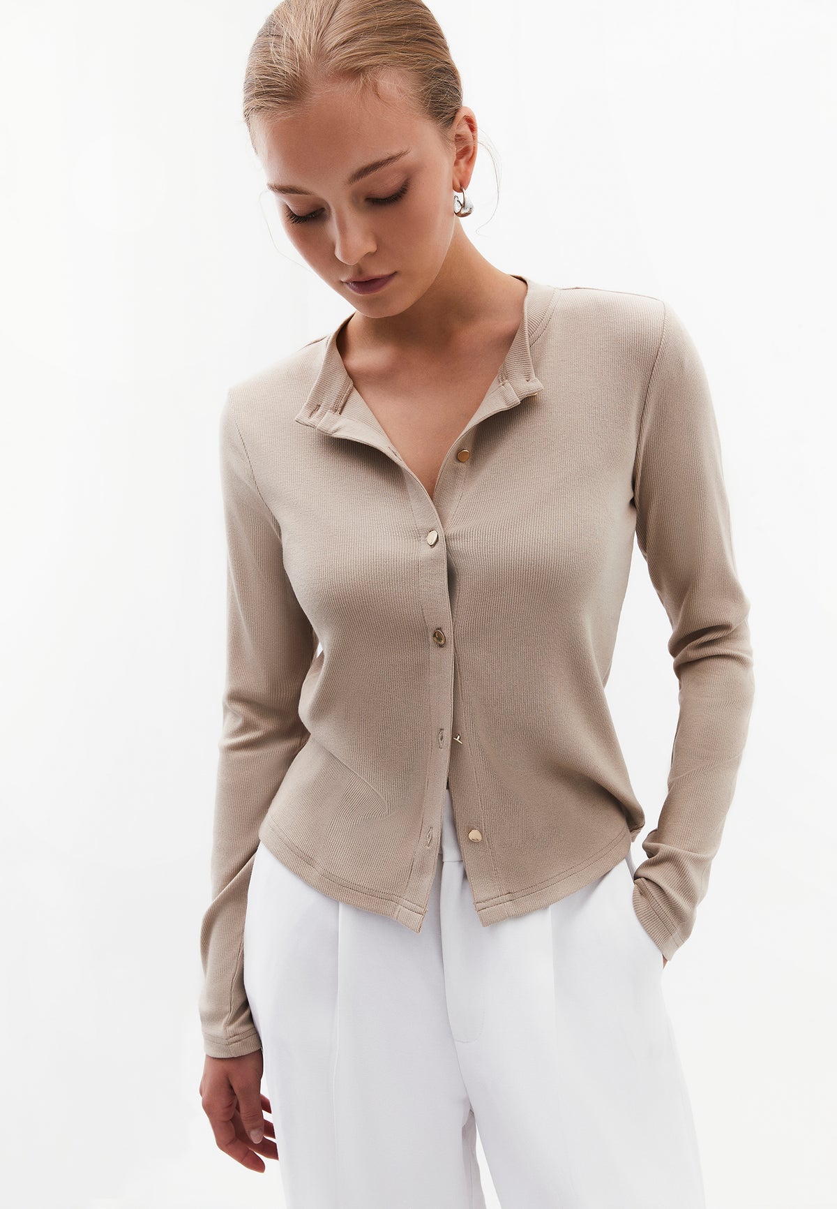 Buttoned Crew Neck Cardigan - PLAZA TAUPE