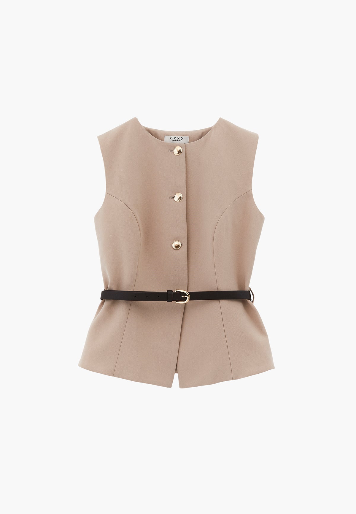 Closed Vest with Belt and Button Details - PLAZA TAUPE