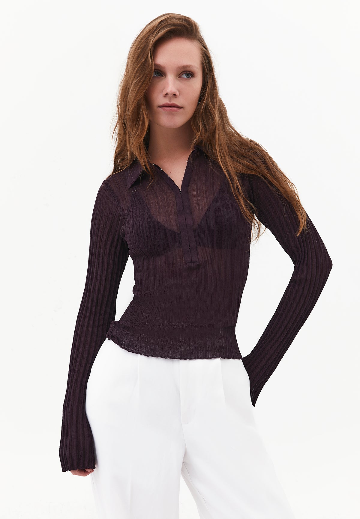 Women's Sweater With Long Sleeves, Polo Collar, Closed Style And Spanish Sleeves - PLUM PERFECT