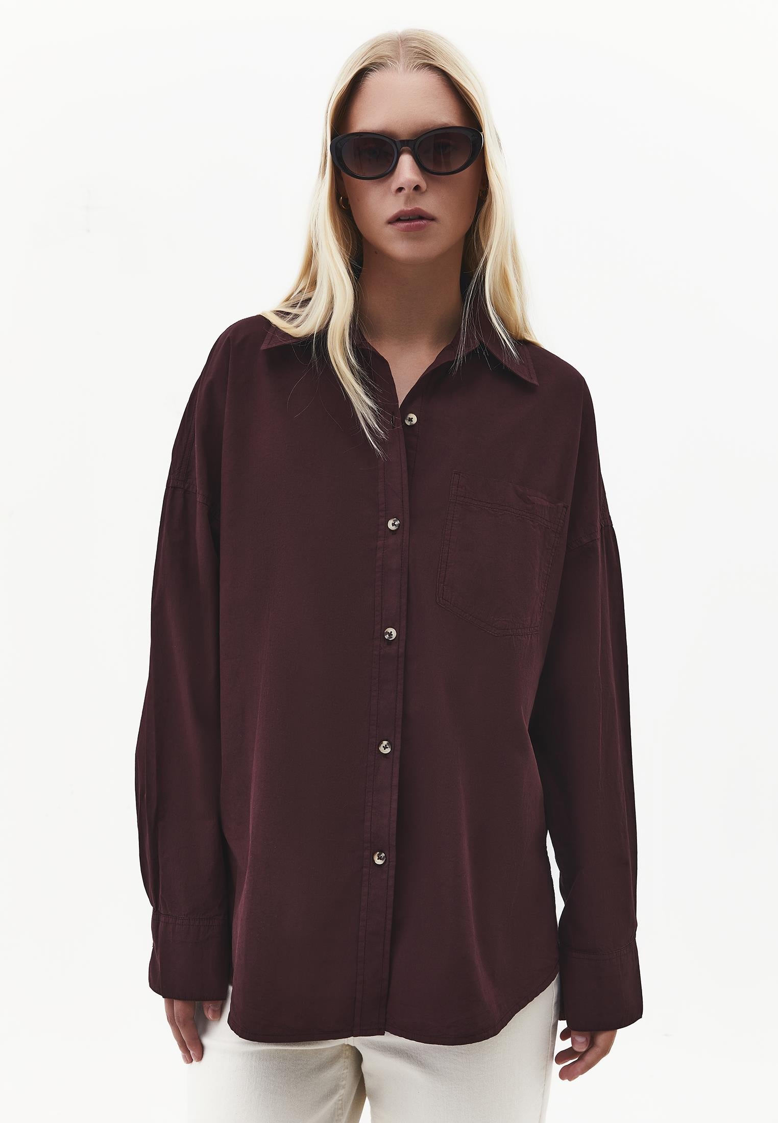 Oversized Long-Sleeve Shirt with Pocket Detail - PLUM PERFECT