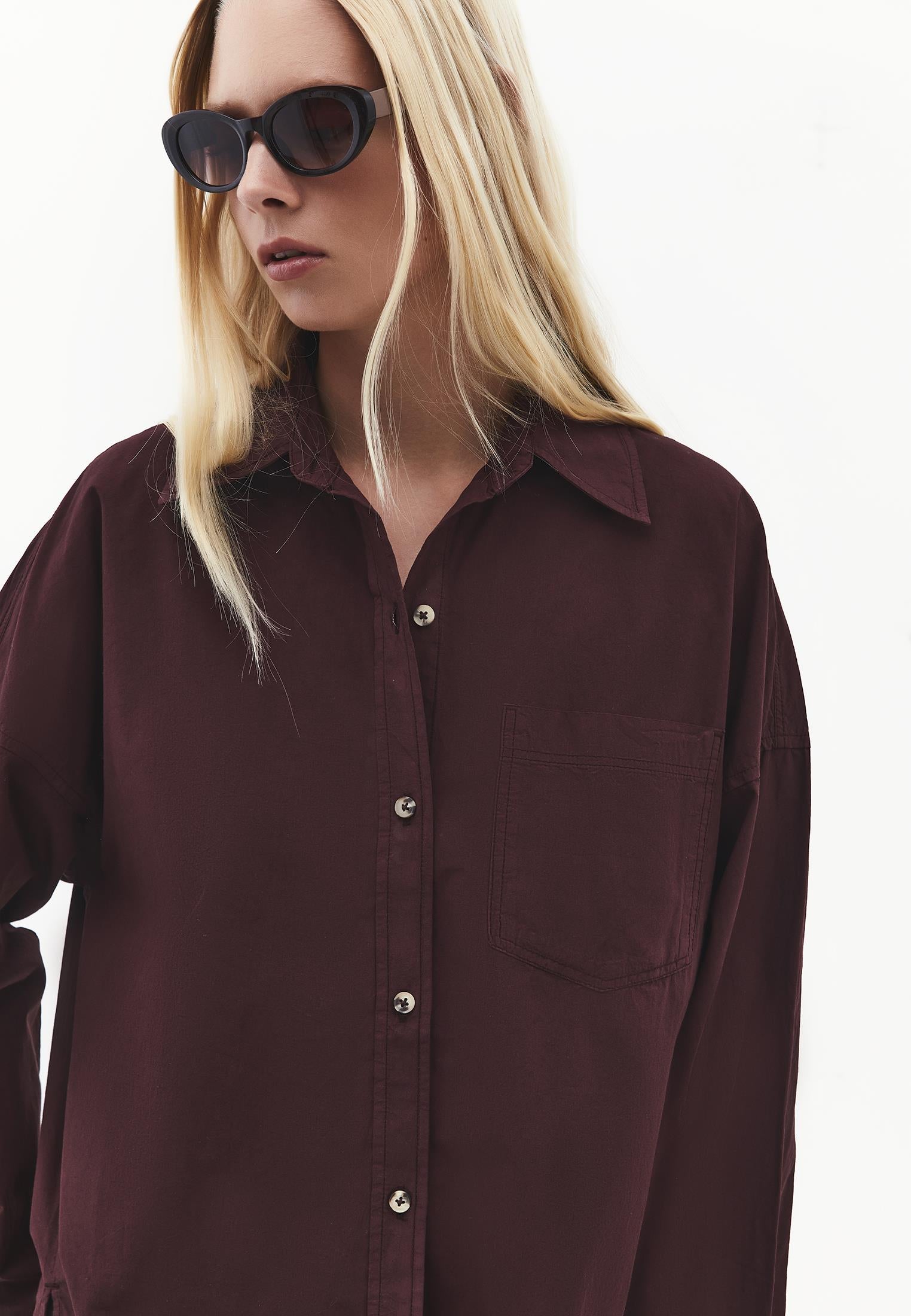 Oversized Long-Sleeve Shirt with Pocket Detail - PLUM PERFECT