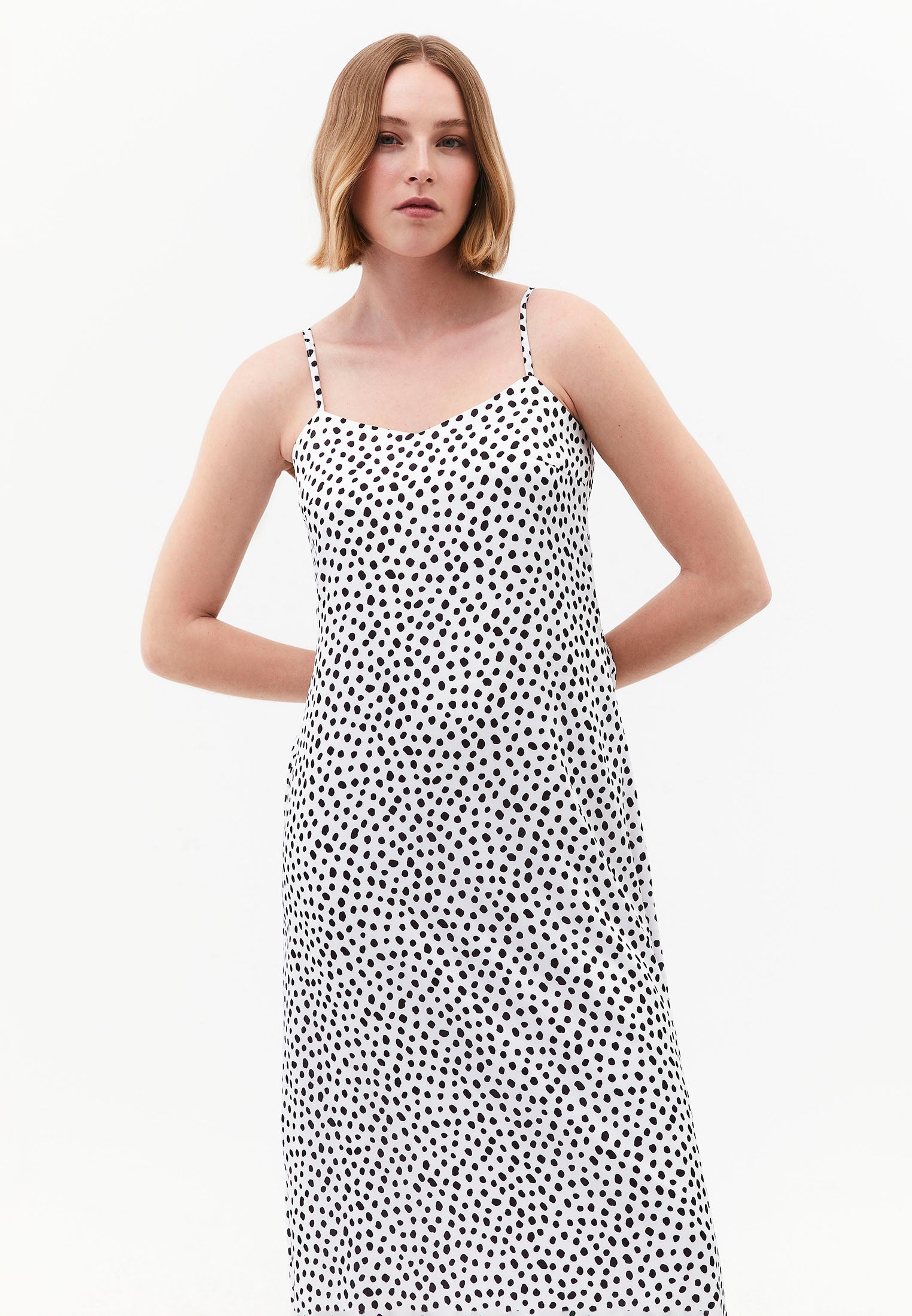 V-Neck Printed Long Modest Dress - POLKA DOT COMB