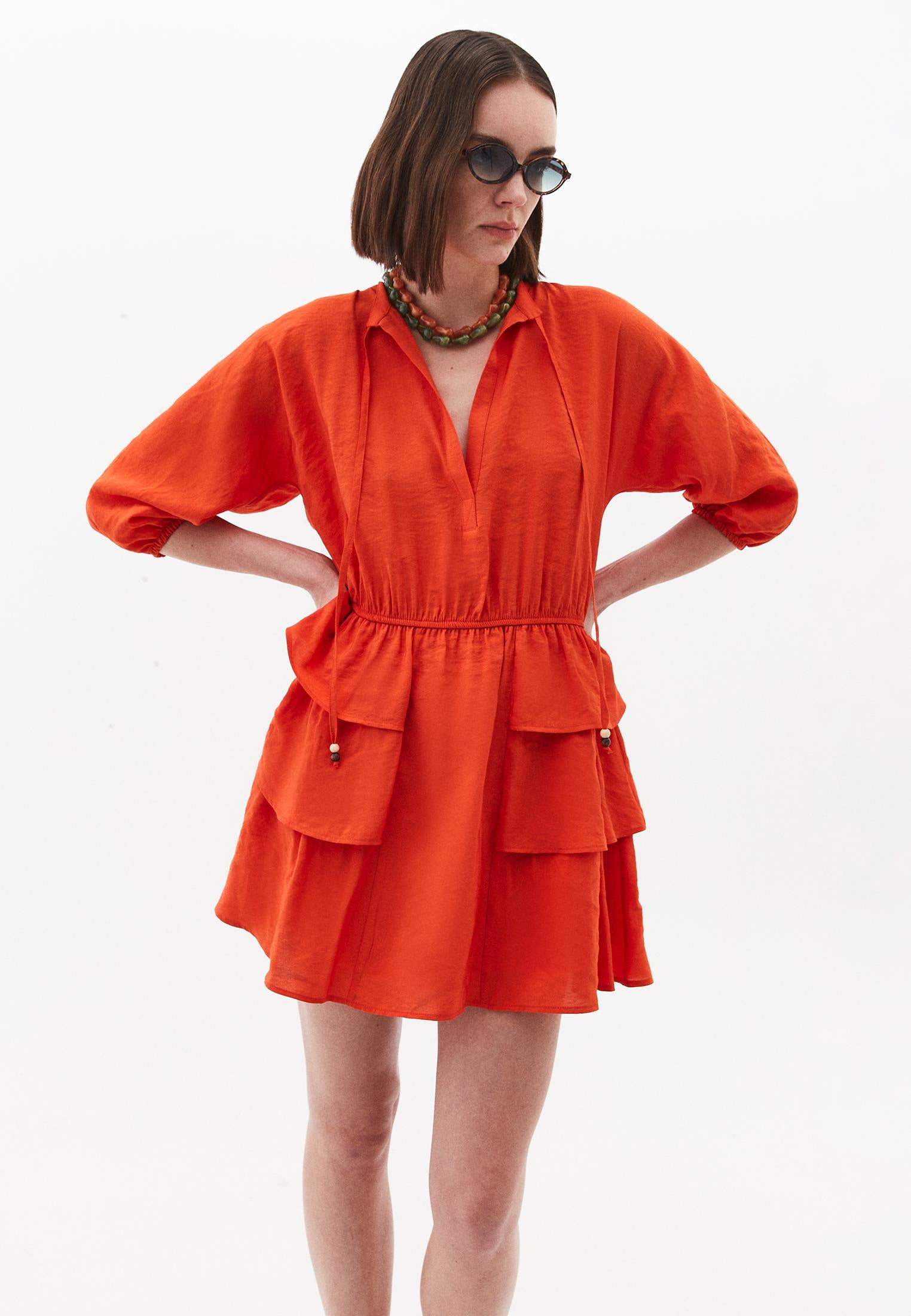 Draped V Neck Dress - PUREED PUMPKIN