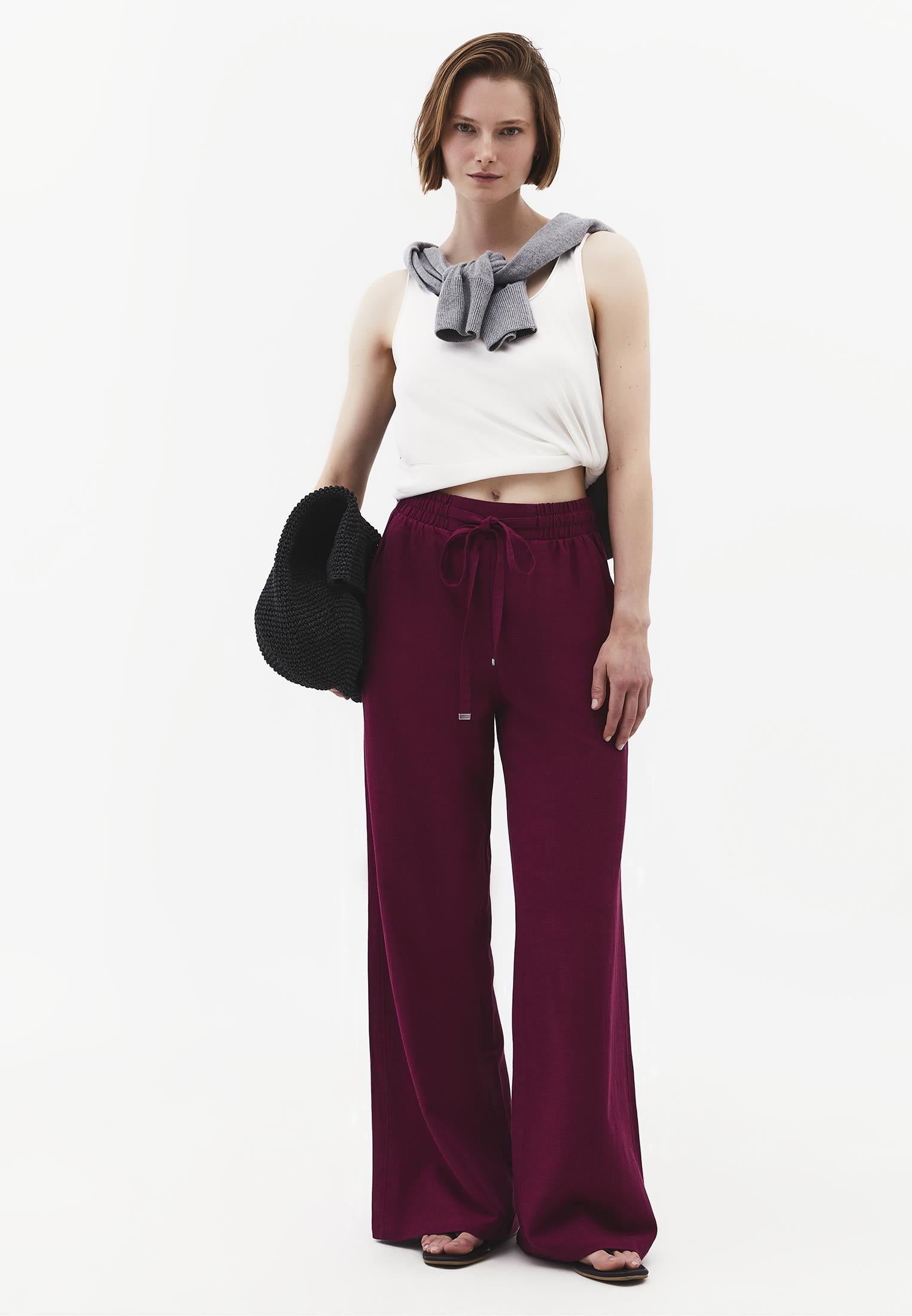 Wide Leg Pants With Elastic Waist - PURPLE POTION