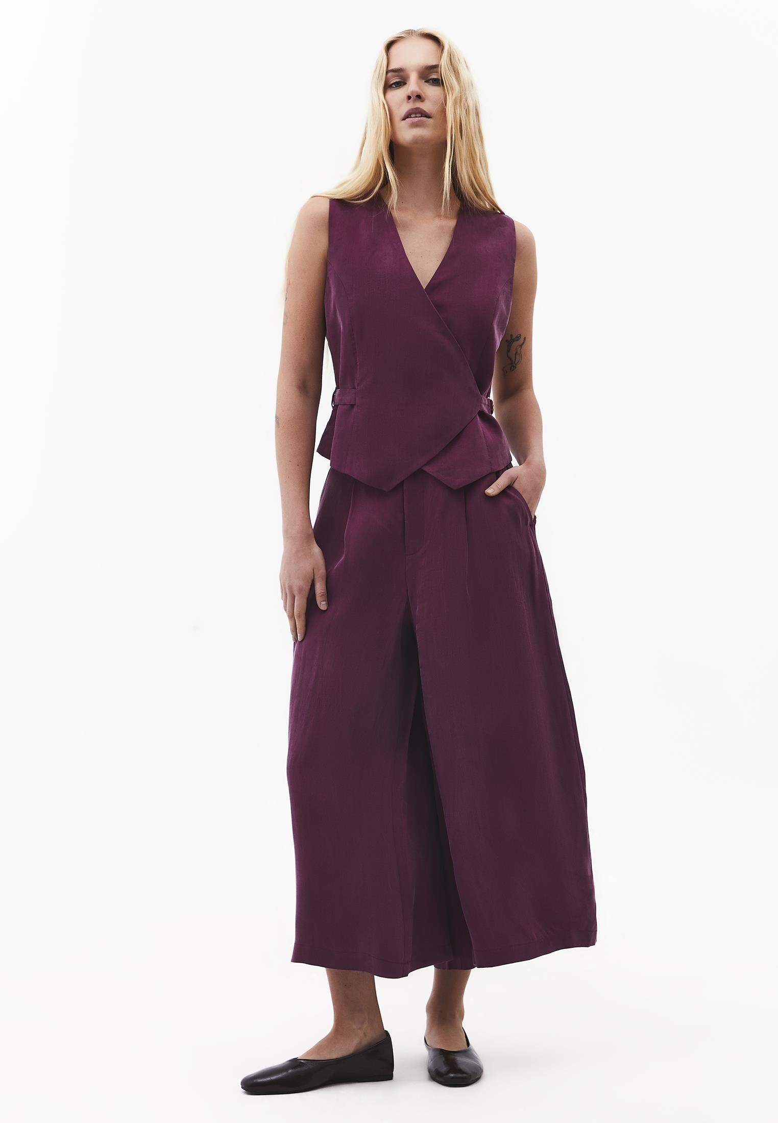 Wide Leg High Waist Trousers with Pleat Details - PURPLE POTION