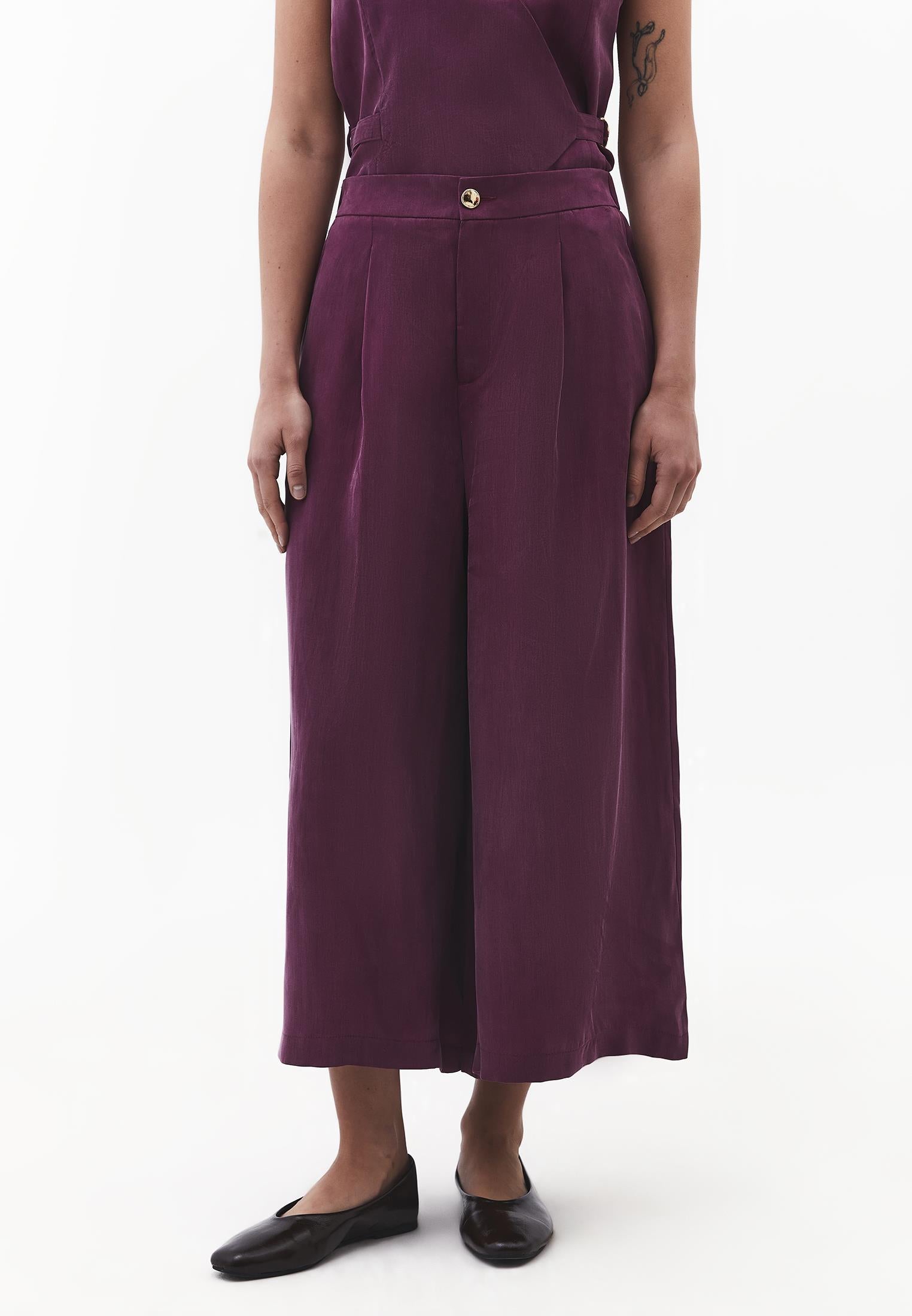 Wide Leg High Waist Trousers with Pleat Details - PURPLE POTION