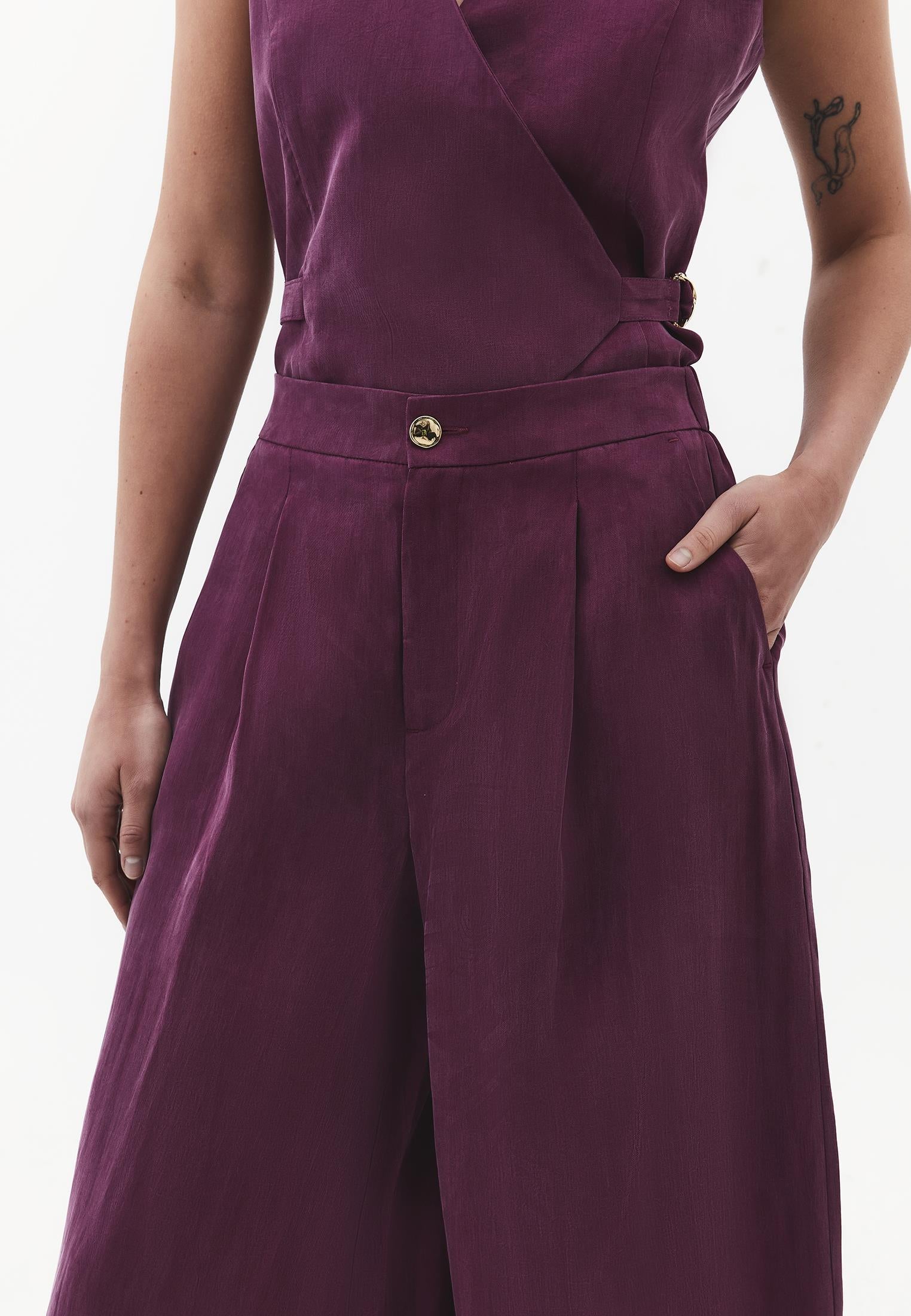 Wide Leg High Waist Trousers with Pleat Details - PURPLE POTION