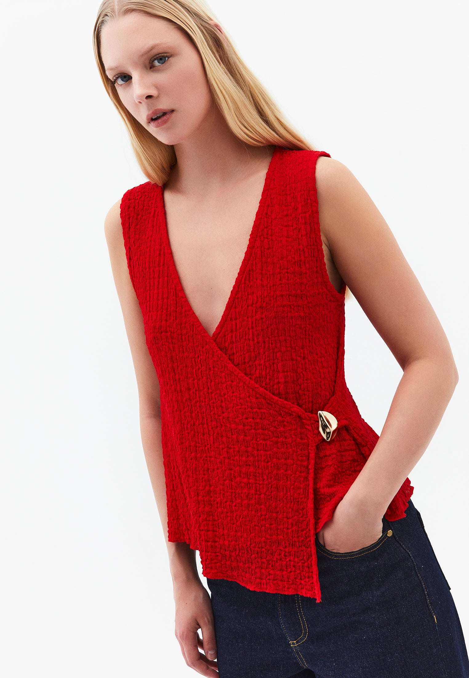 V Neck Blouse Without Sleeve Detail - RACING RED