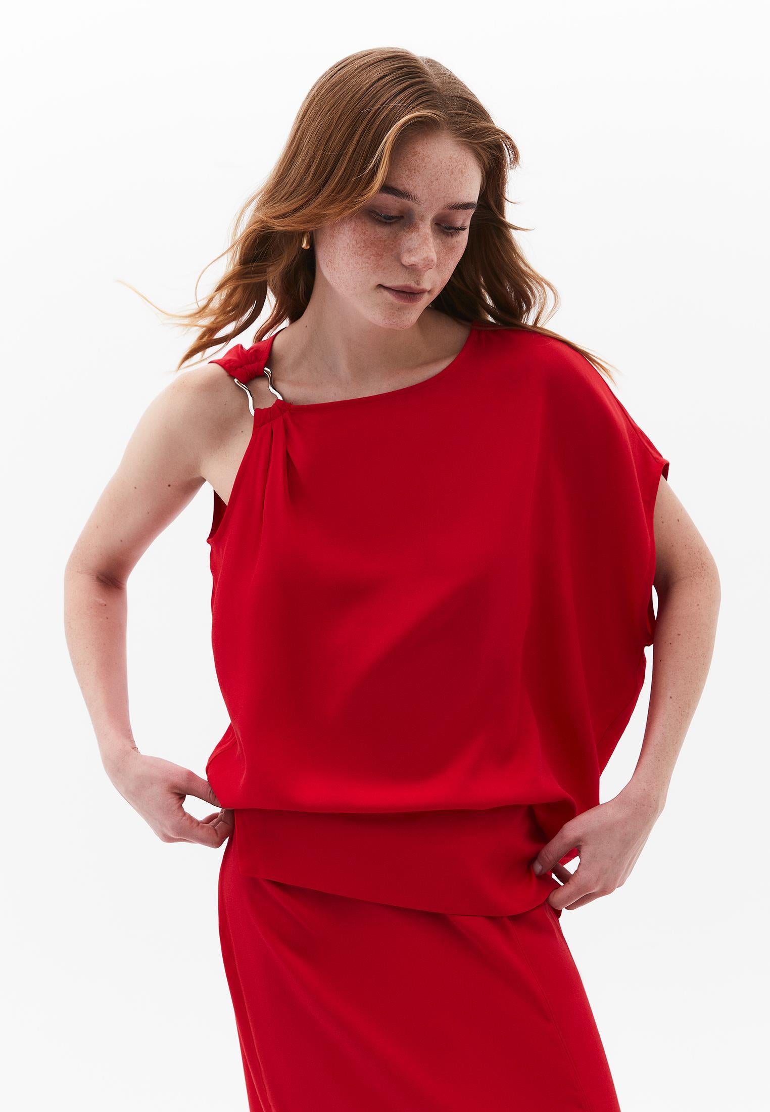 Boat Neck Short Sleeve Asymmetric Blouse - RACING RED