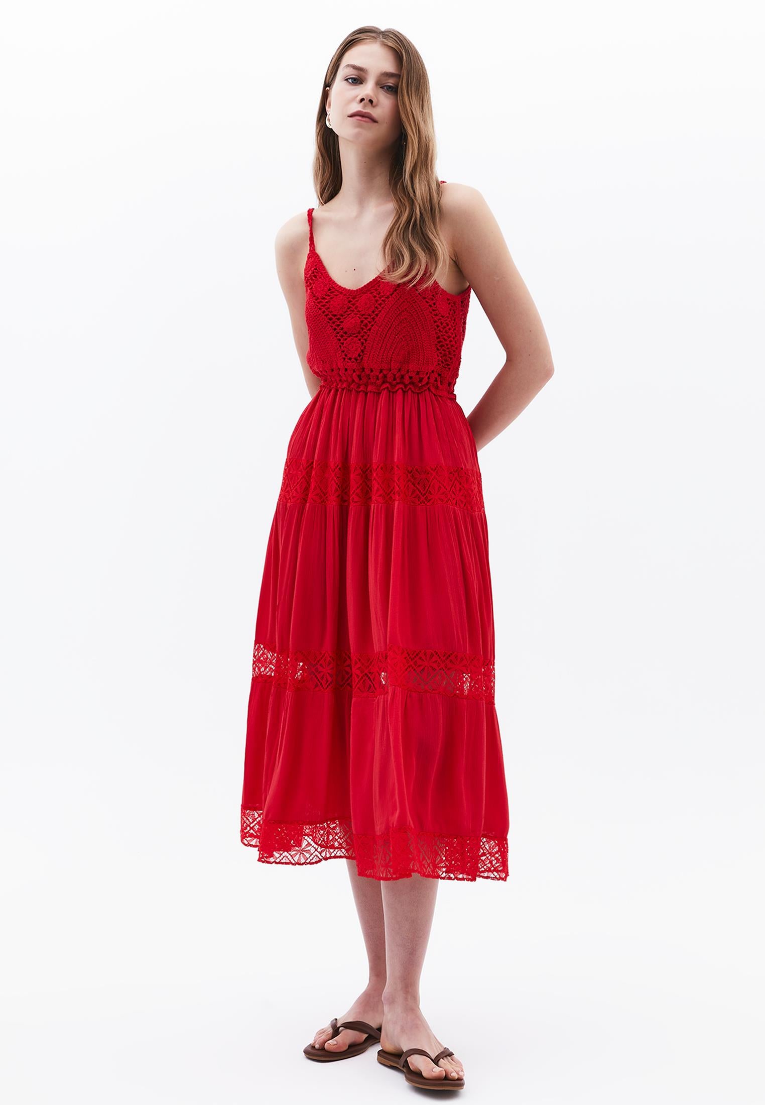 Bohemian Style Deep Neck Dress - RACING RED