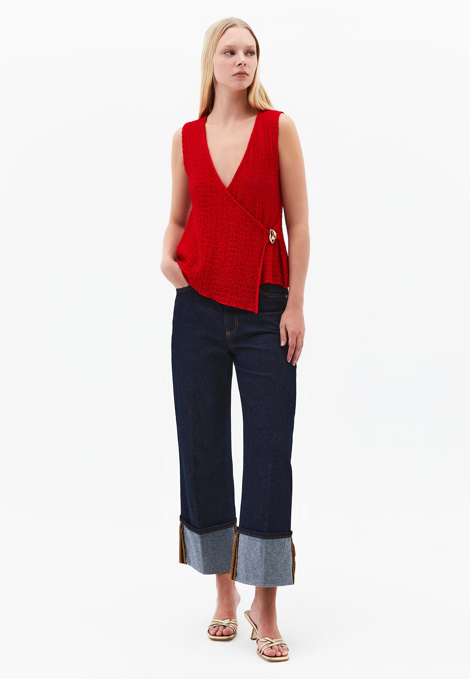 V Neck Blouse Without Sleeve Detail - RACING RED