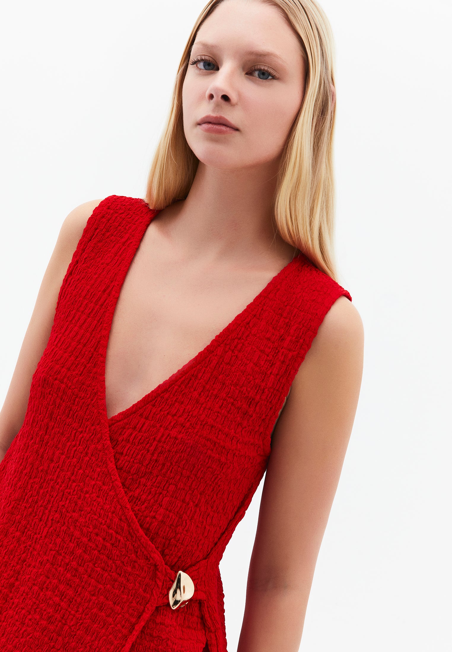 V Neck Blouse Without Sleeve Detail - RACING RED