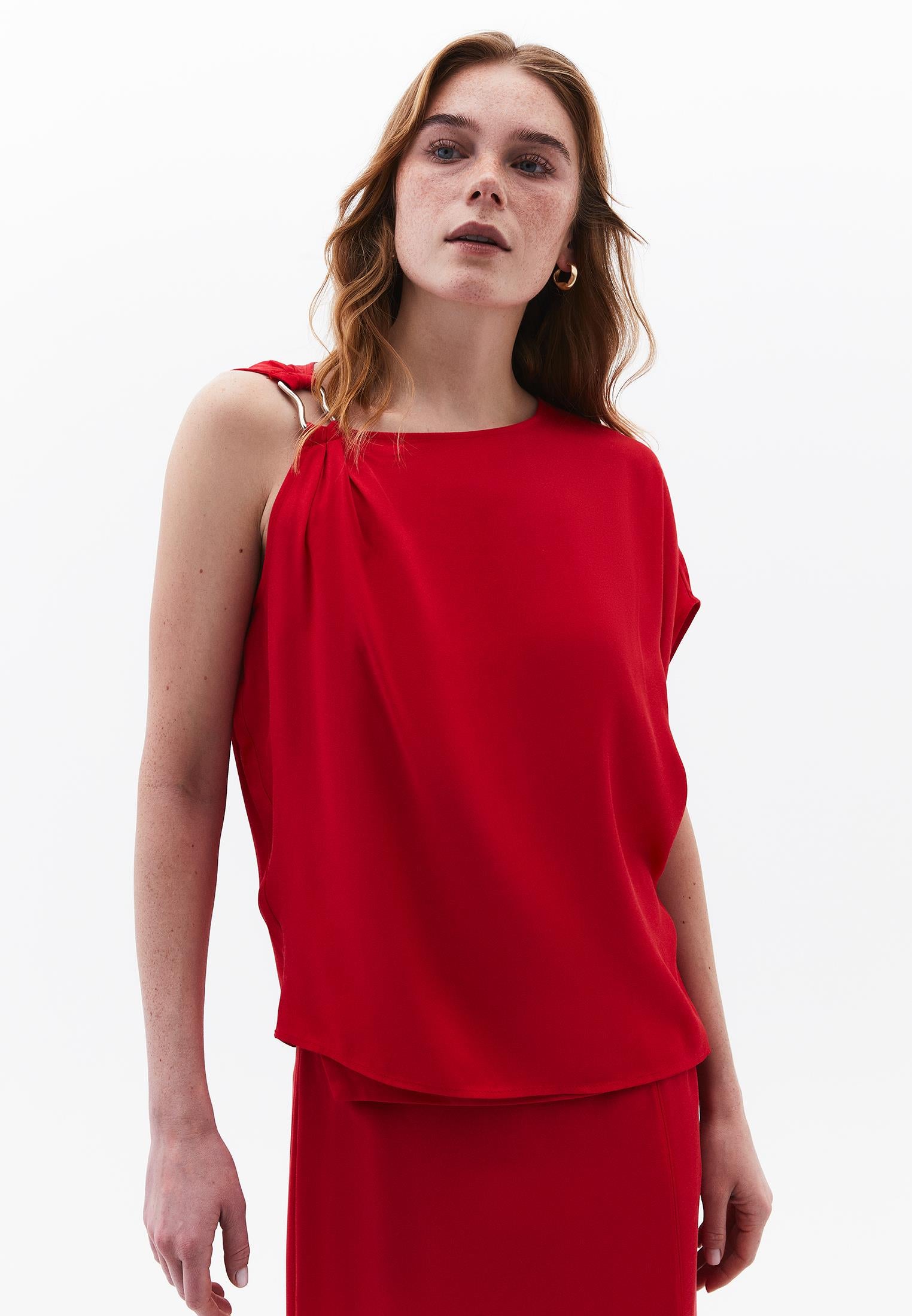 Boat Neck Short Sleeve Asymmetric Blouse - RACING RED