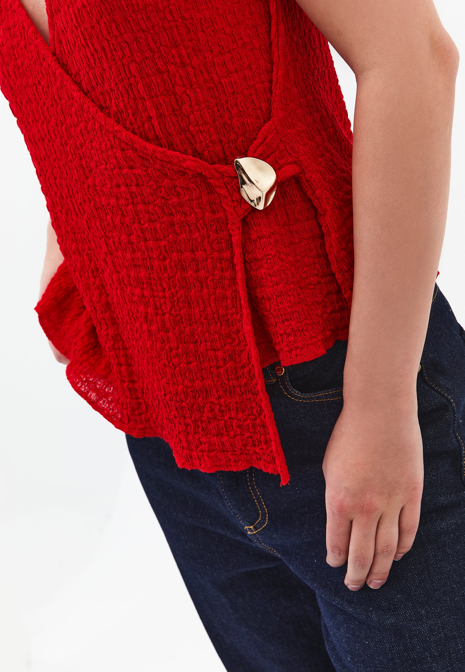 V Neck Blouse Without Sleeve Detail - RACING RED