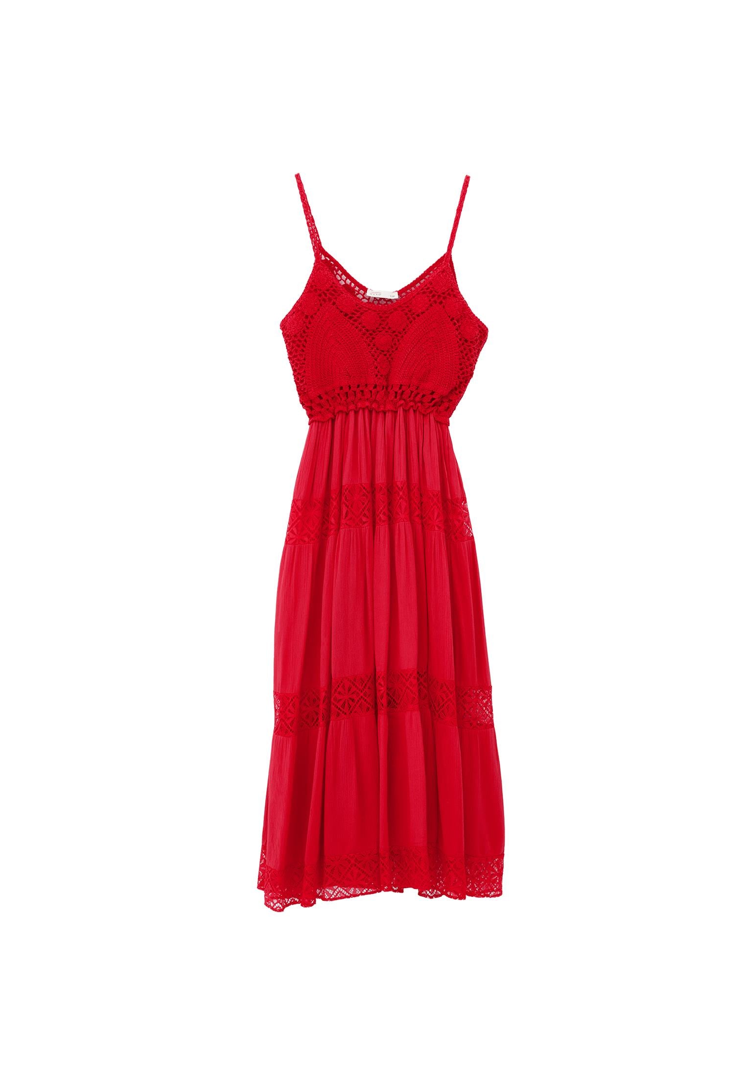 Bohemian Style Deep Neck Dress - RACING RED