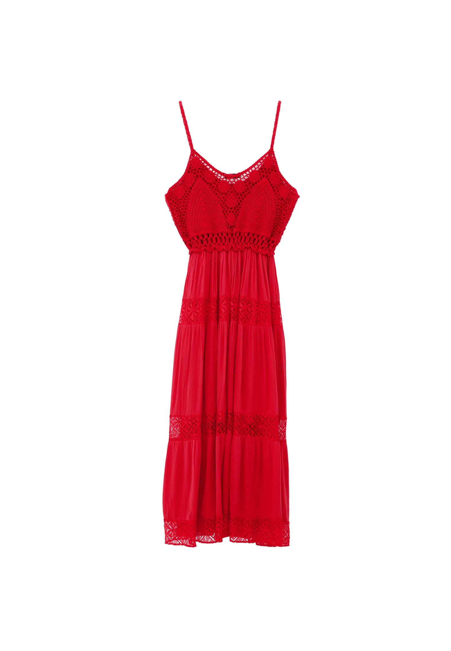 Bohemian Style Deep Neck Dress - RACING RED