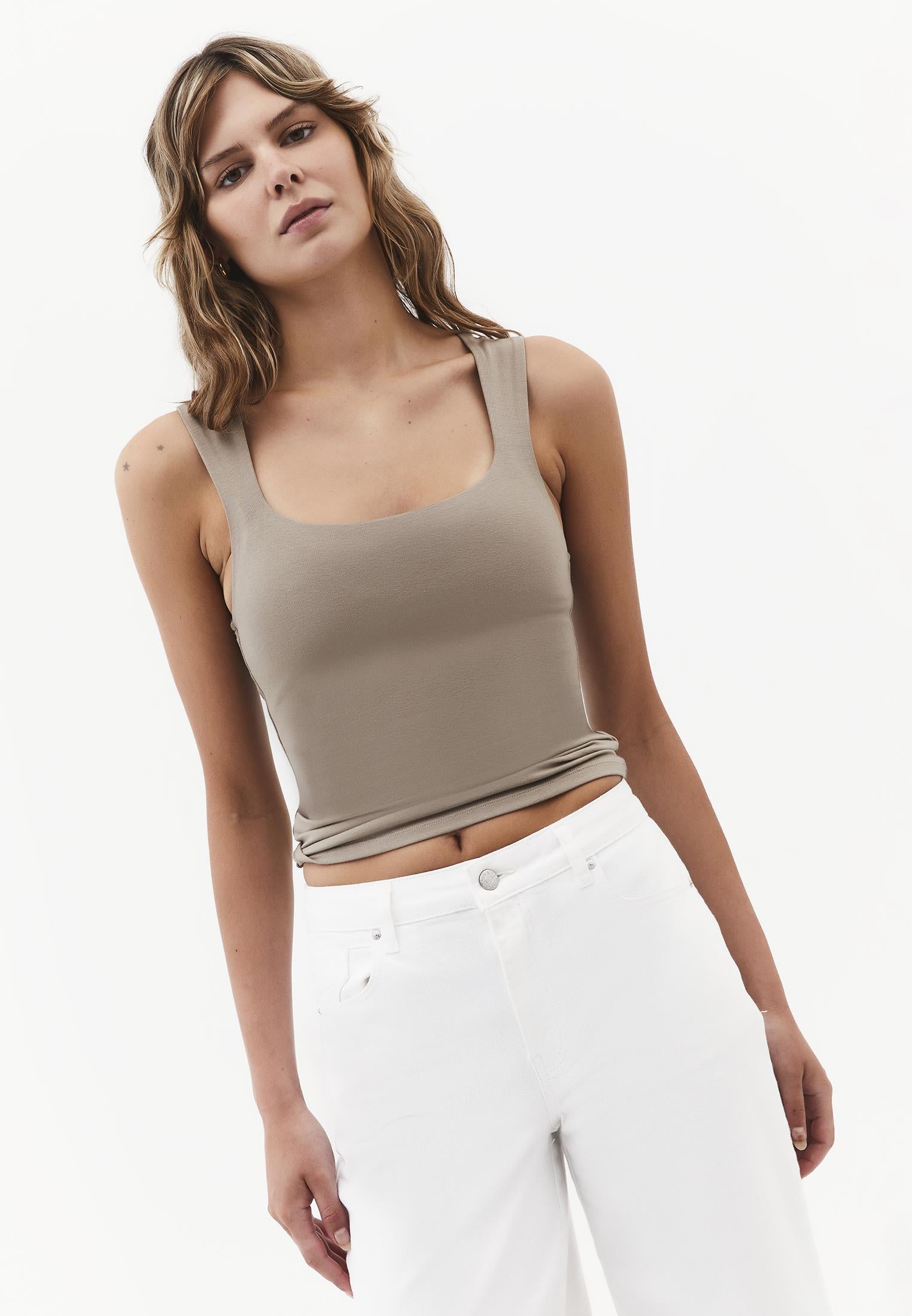 Square Neck Bodycon Standard Tank Top - ROASTED CASHEW