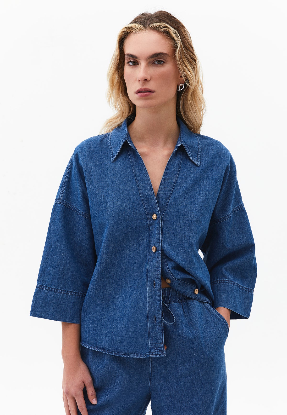 Oversize Shirt Denim Women Topwear Three Quarter Sleeve Relaxed Fit - RODEO BLUE DENIM