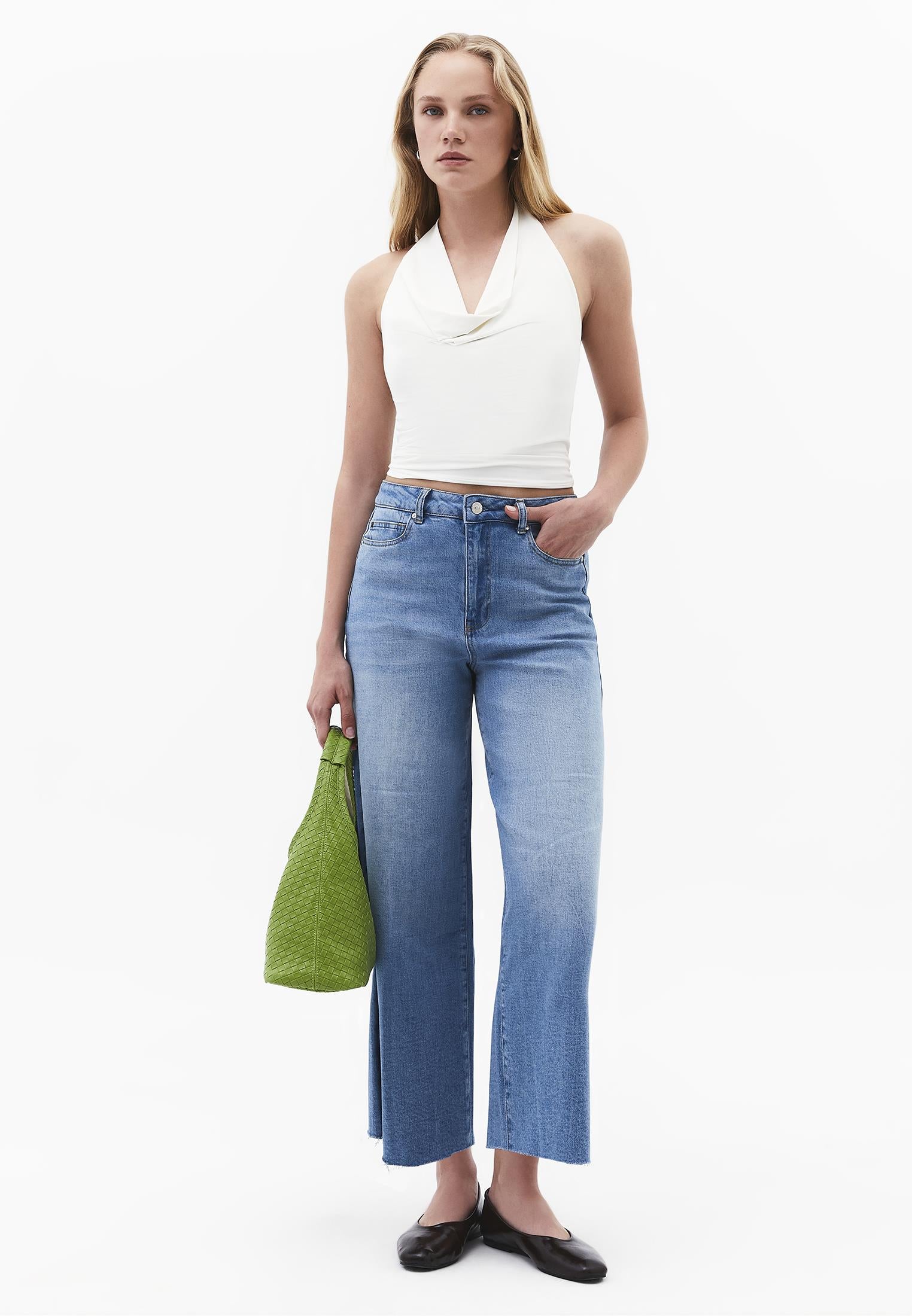 Ultra High Waist Wide Leg Denim Pants With Pocket Detail - RODEO BLUE DENIM