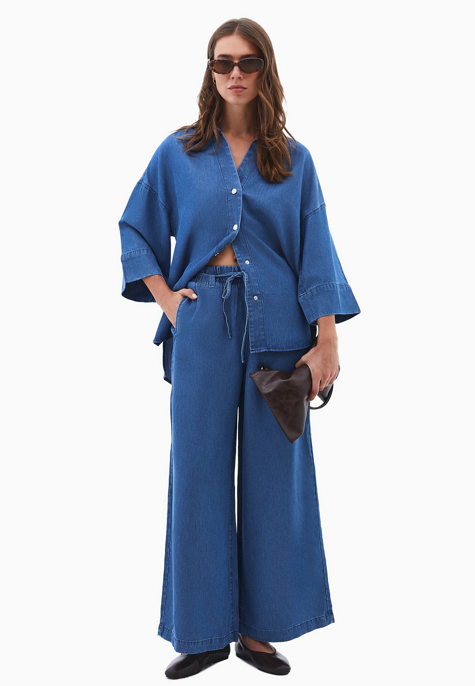 سروال جينز بخصر مطاطي واسع الساقين - RODEO BLUE DENIM