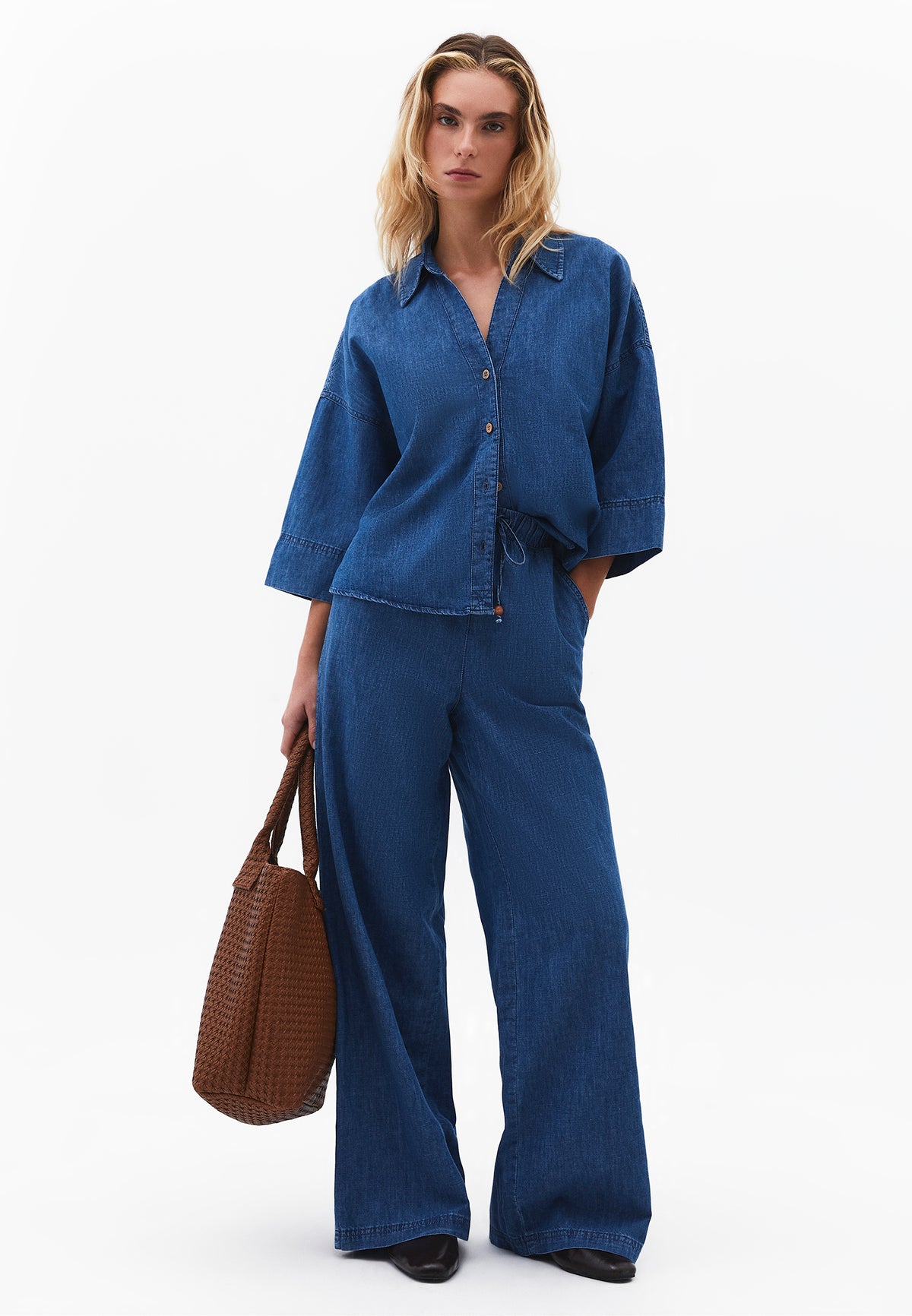 Oversize Shirt Denim Women Topwear Three Quarter Sleeve Relaxed Fit - RODEO BLUE DENIM