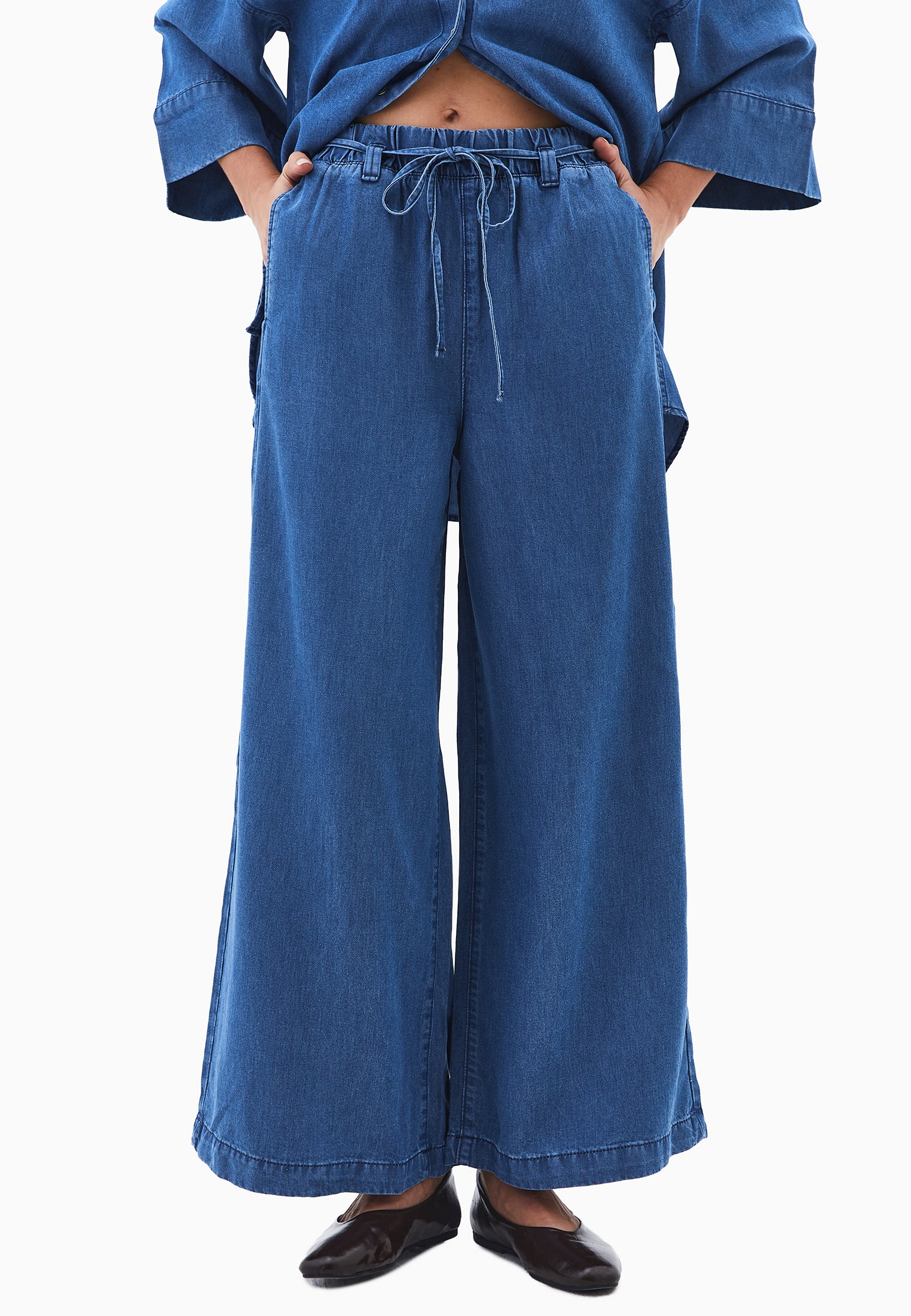 سروال جينز بخصر مطاطي واسع الساقين - RODEO BLUE DENIM