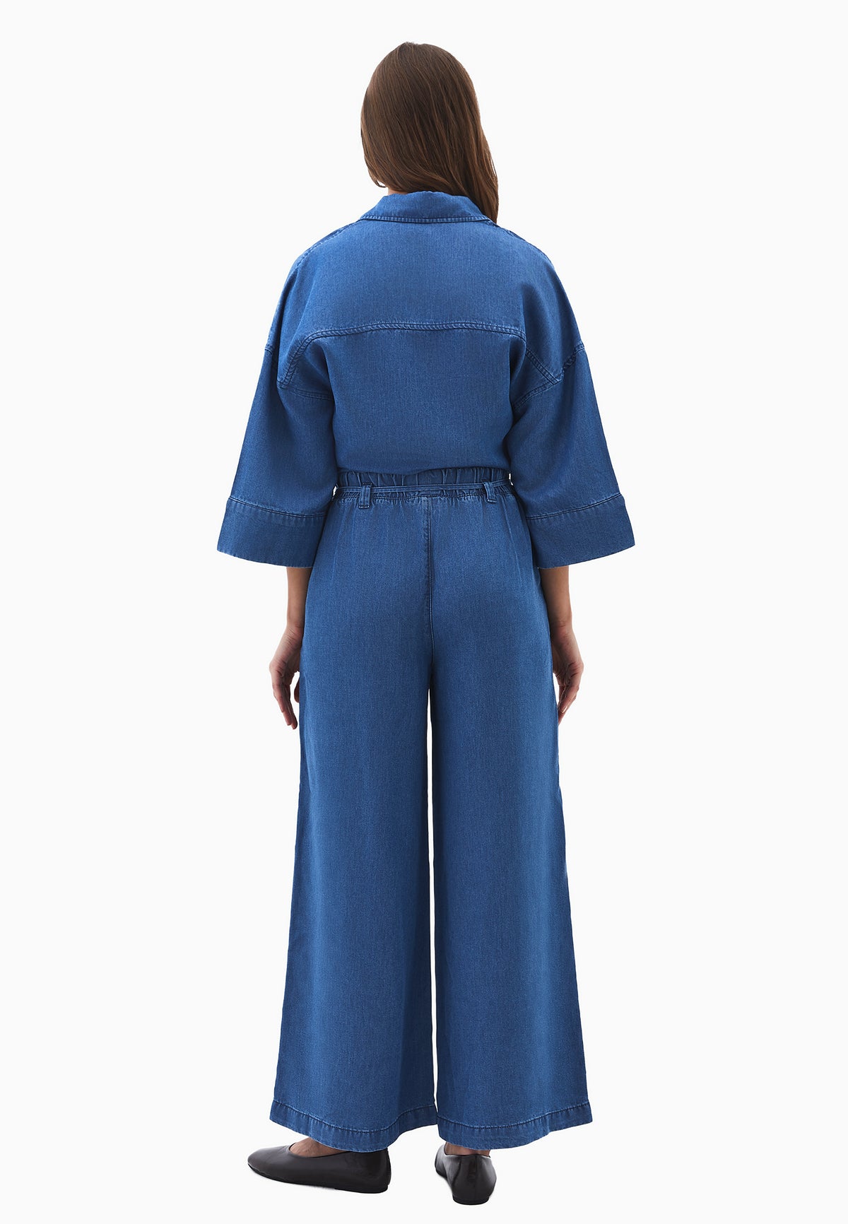 Elastic Waist Wide Leg Denim Pants - Blue