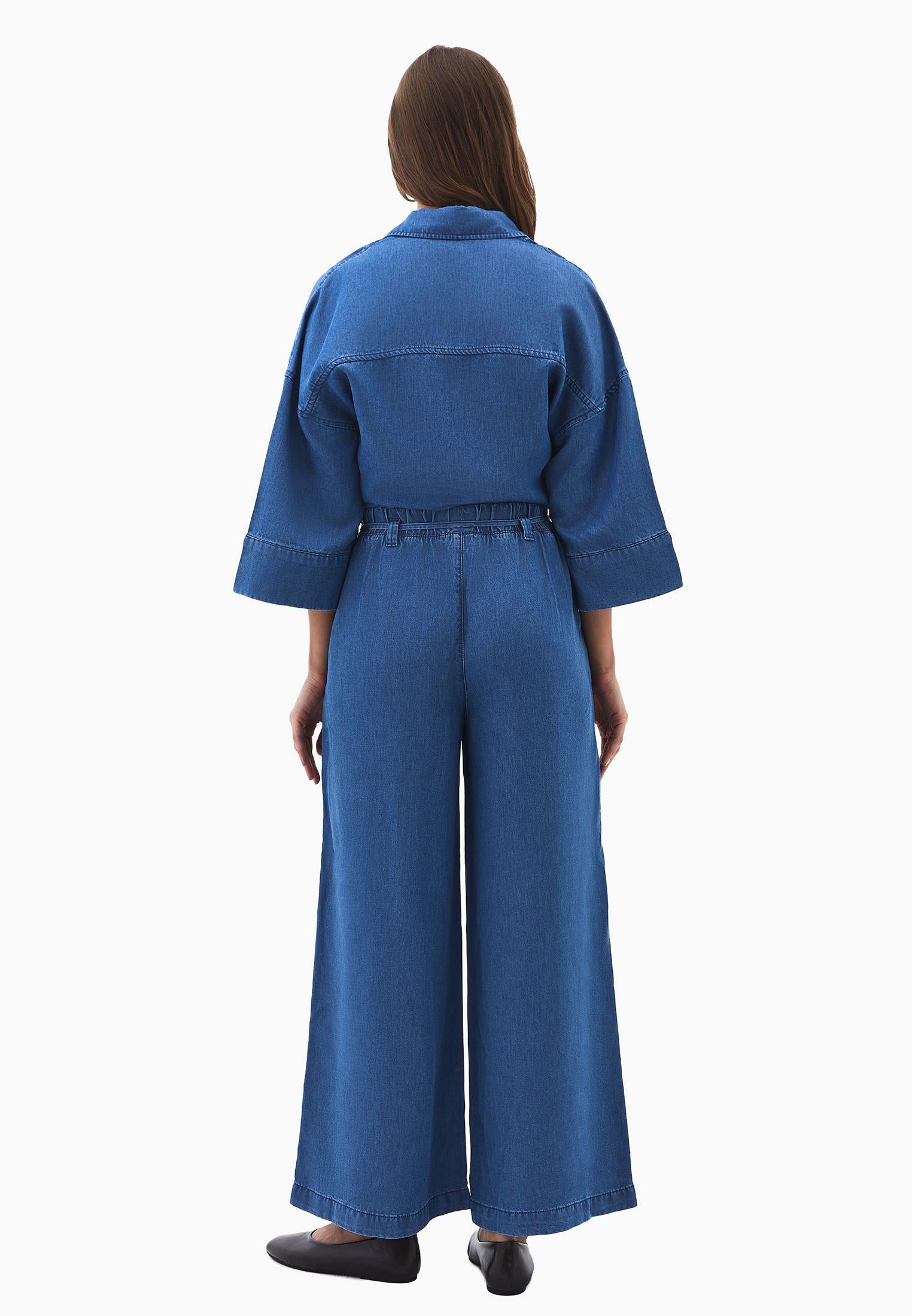 Elastic Waist Wide Leg Denim Pants - RODEO BLUE DENIM