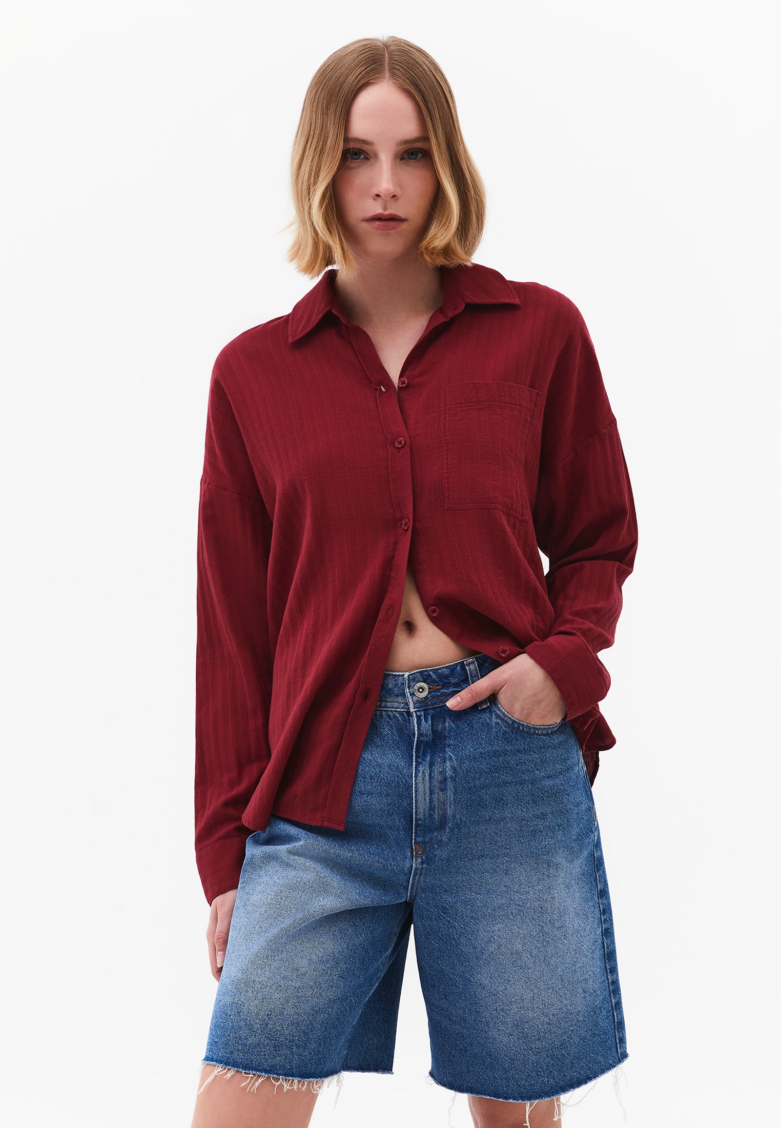 Oversize Long Sleeve Shirt With Pocket Detail - RUMBA RED