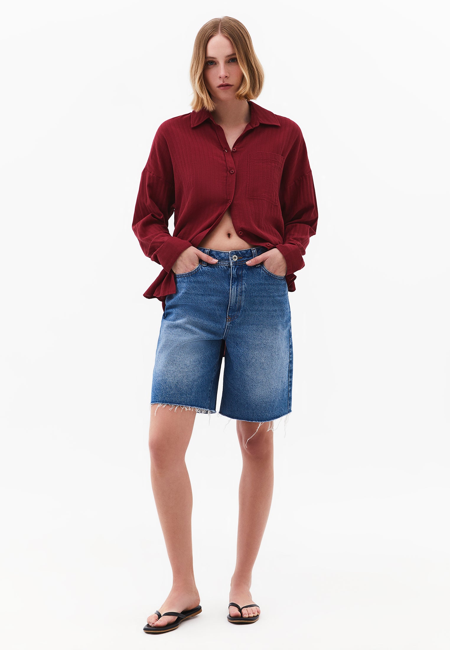 Oversize Long Sleeve Shirt With Pocket Detail - RUMBA RED