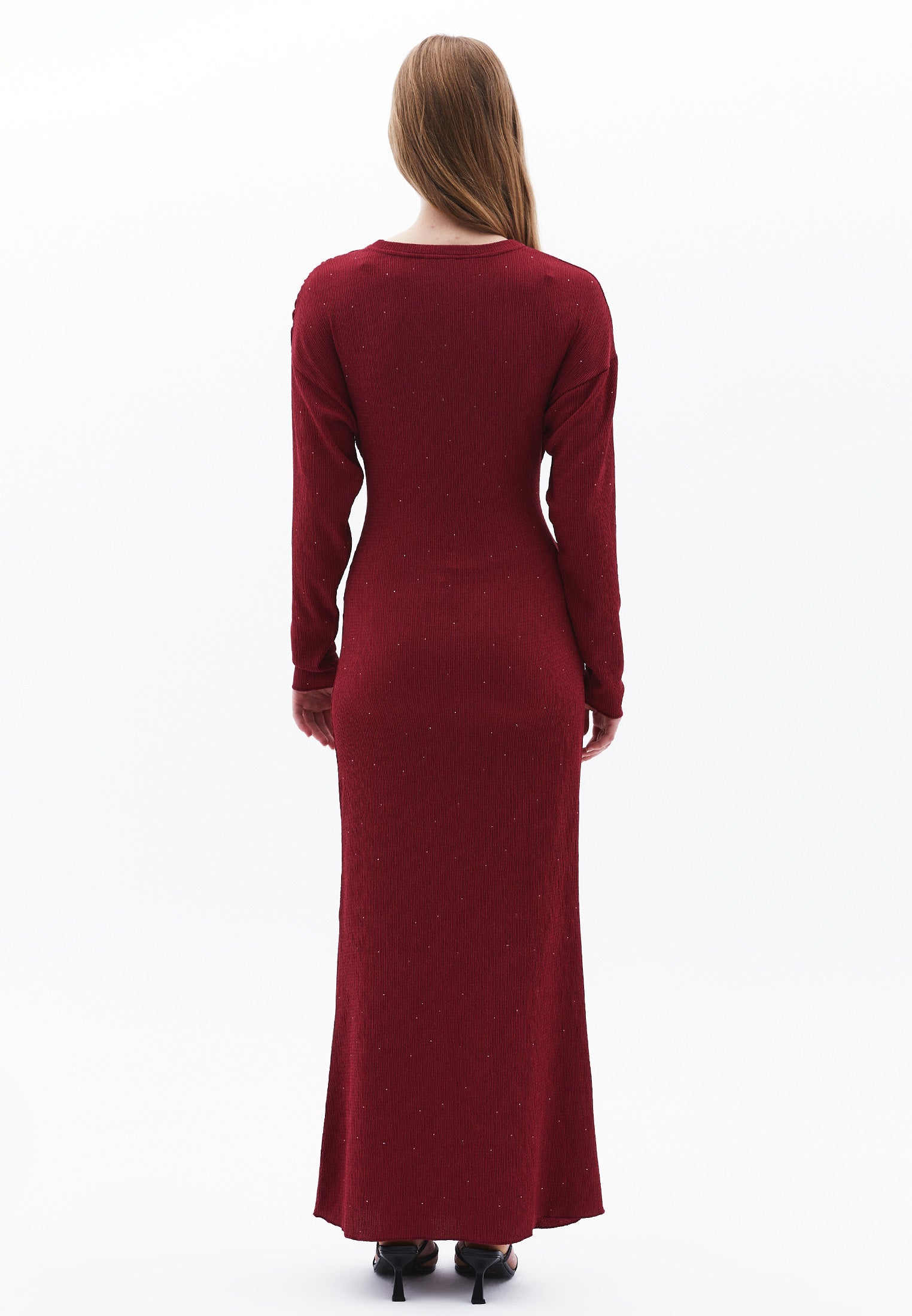 Long Dress With Ruched Crew Neck - RUMBA RED