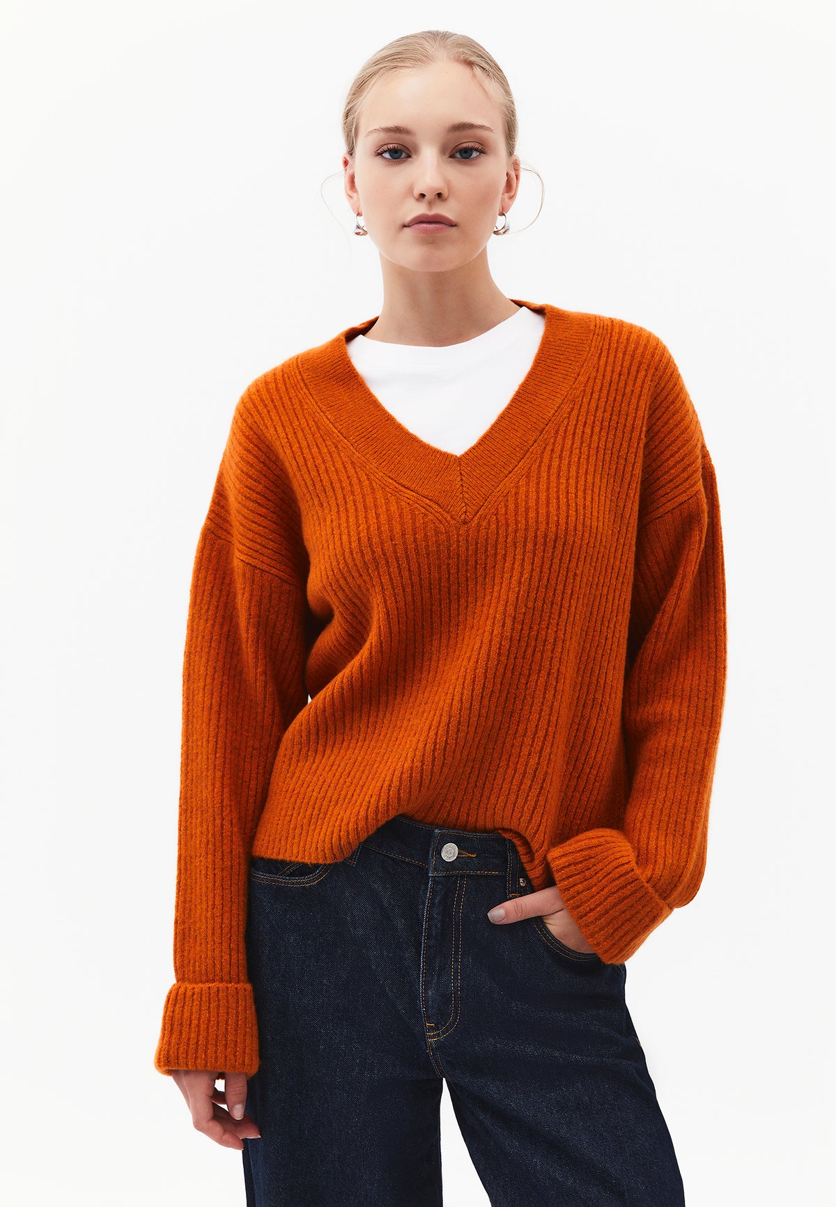 Loose V-Neck Sweater - Orange
