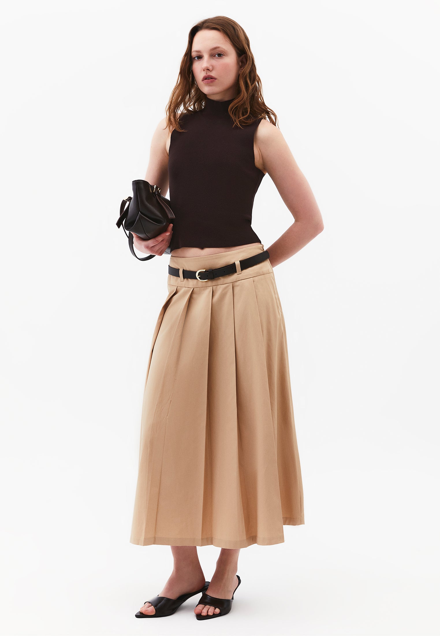 Long Pleated A-Line Skirt With Belt Detail - SAFARI