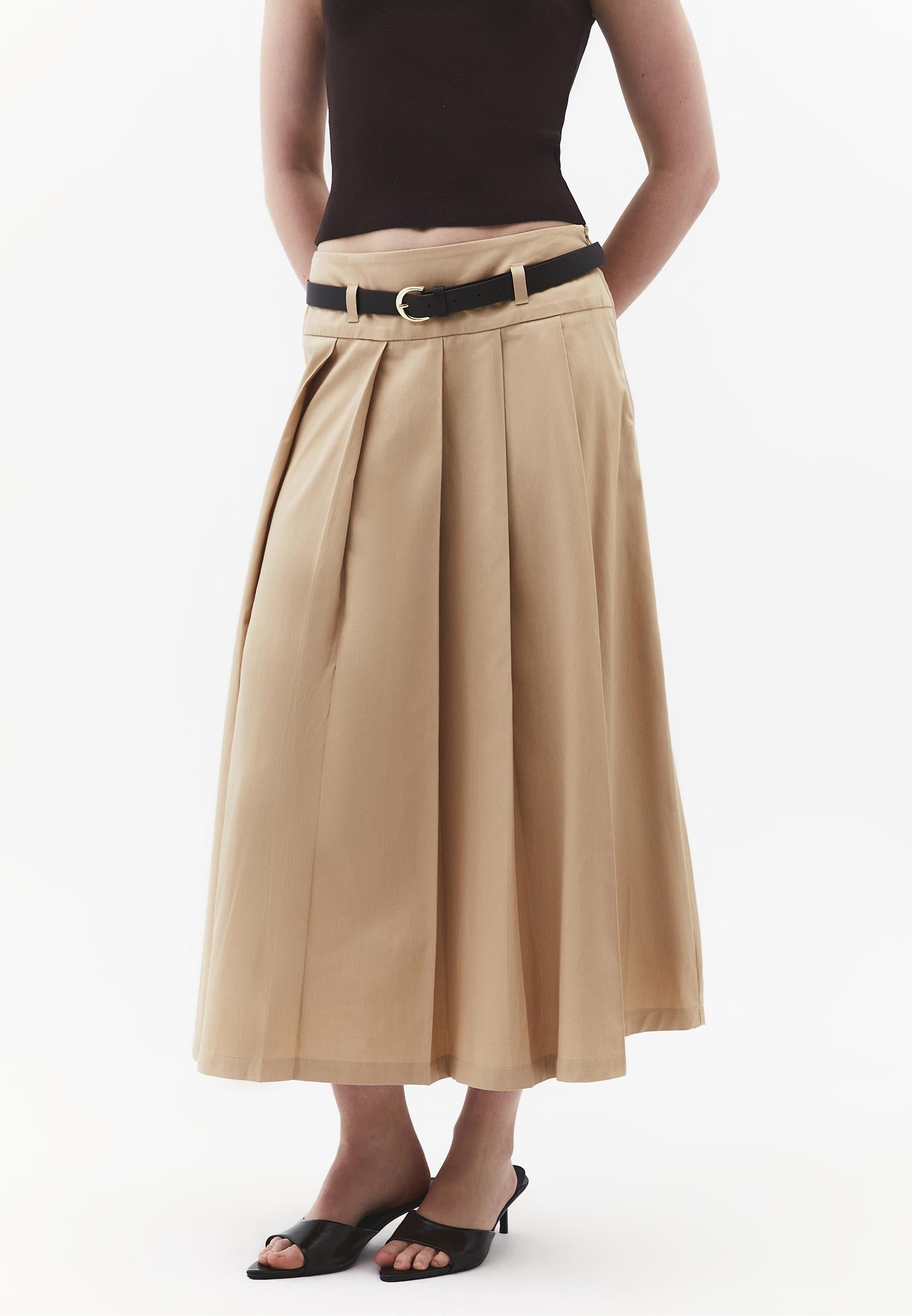 Long Pleated A-Line Skirt With Belt Detail - SAFARI
