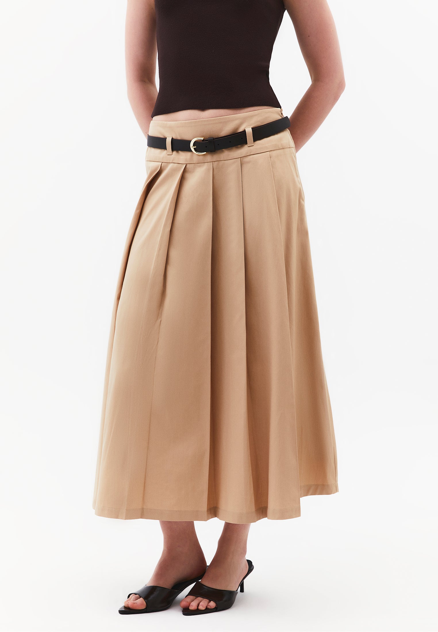 Long Pleated A-Line Skirt With Belt Detail - SAFARI