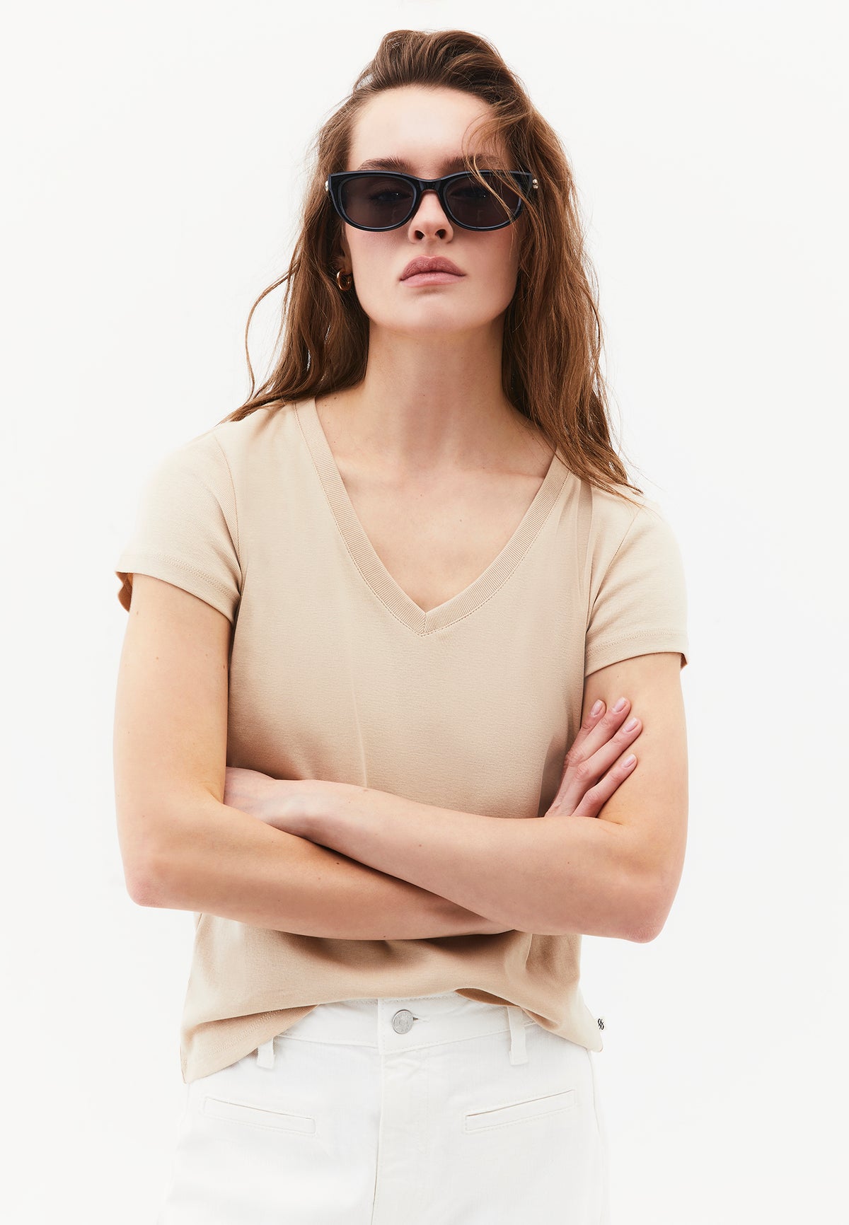V Neck Short Sleeve Slim T-Shirt - SAFARI