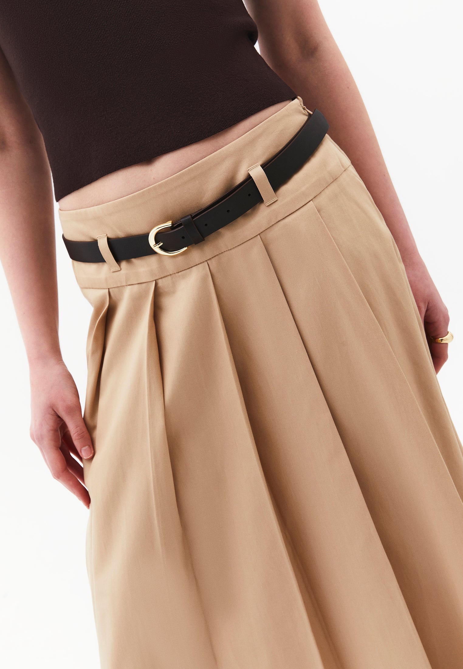 Long Pleated A-Line Skirt With Belt Detail - SAFARI