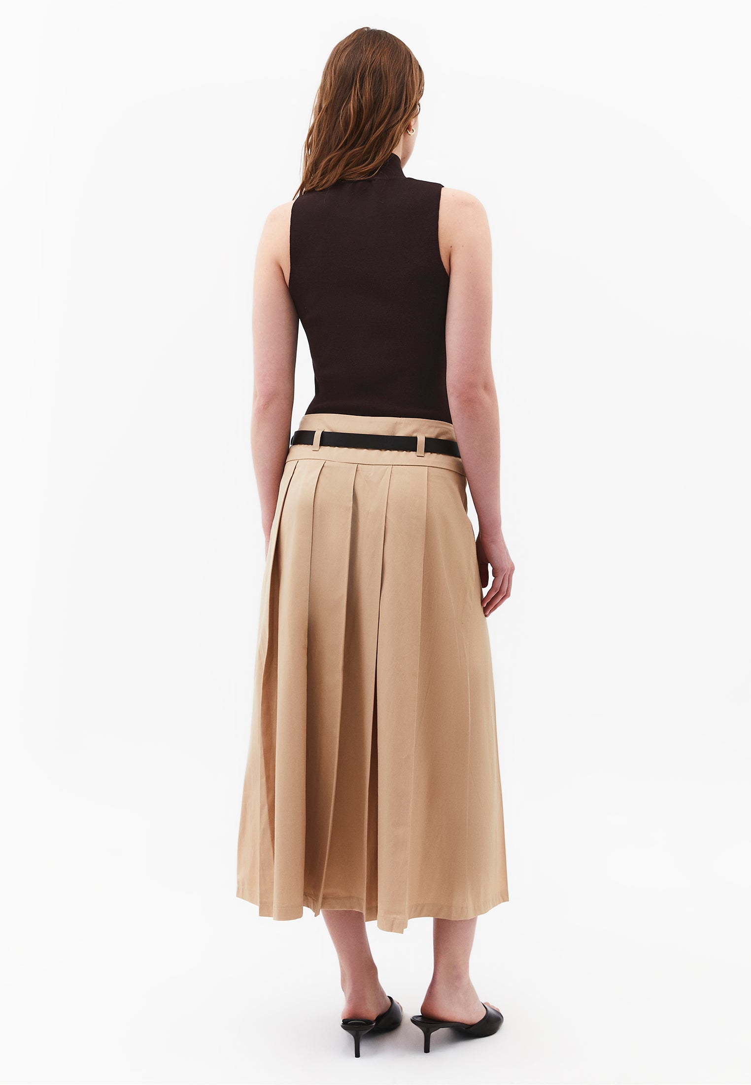 Long Pleated A-Line Skirt With Belt Detail - SAFARI