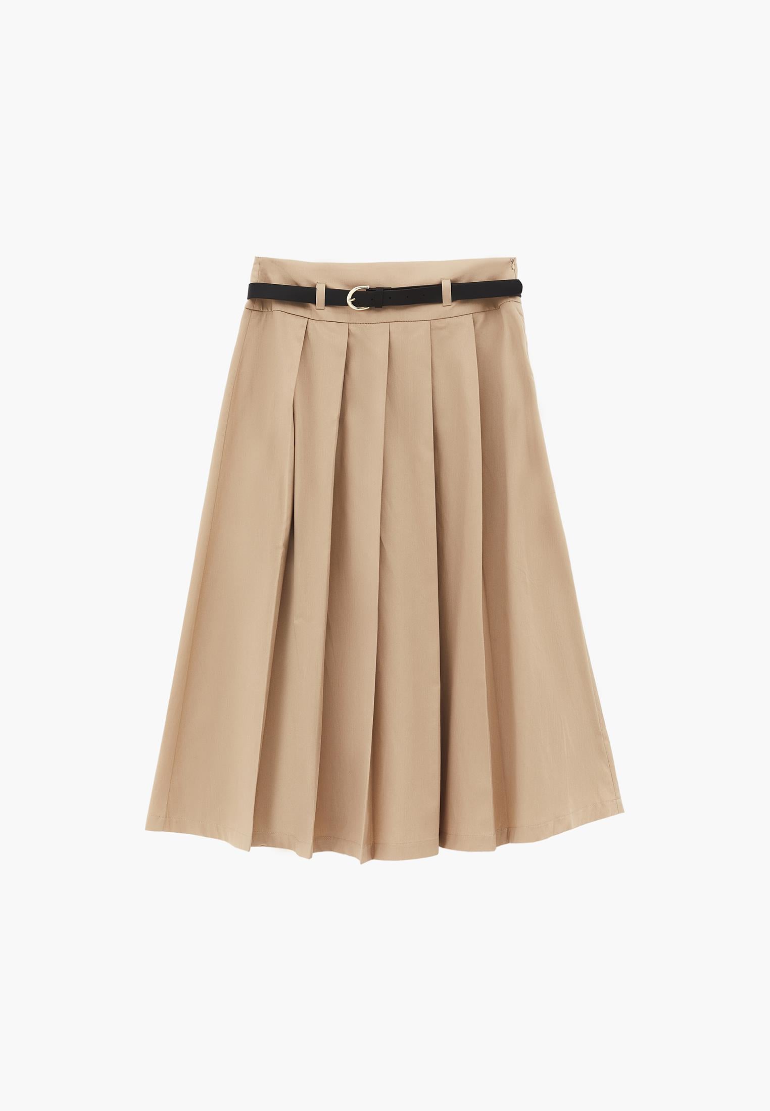 Long Pleated A-Line Skirt With Belt Detail - SAFARI