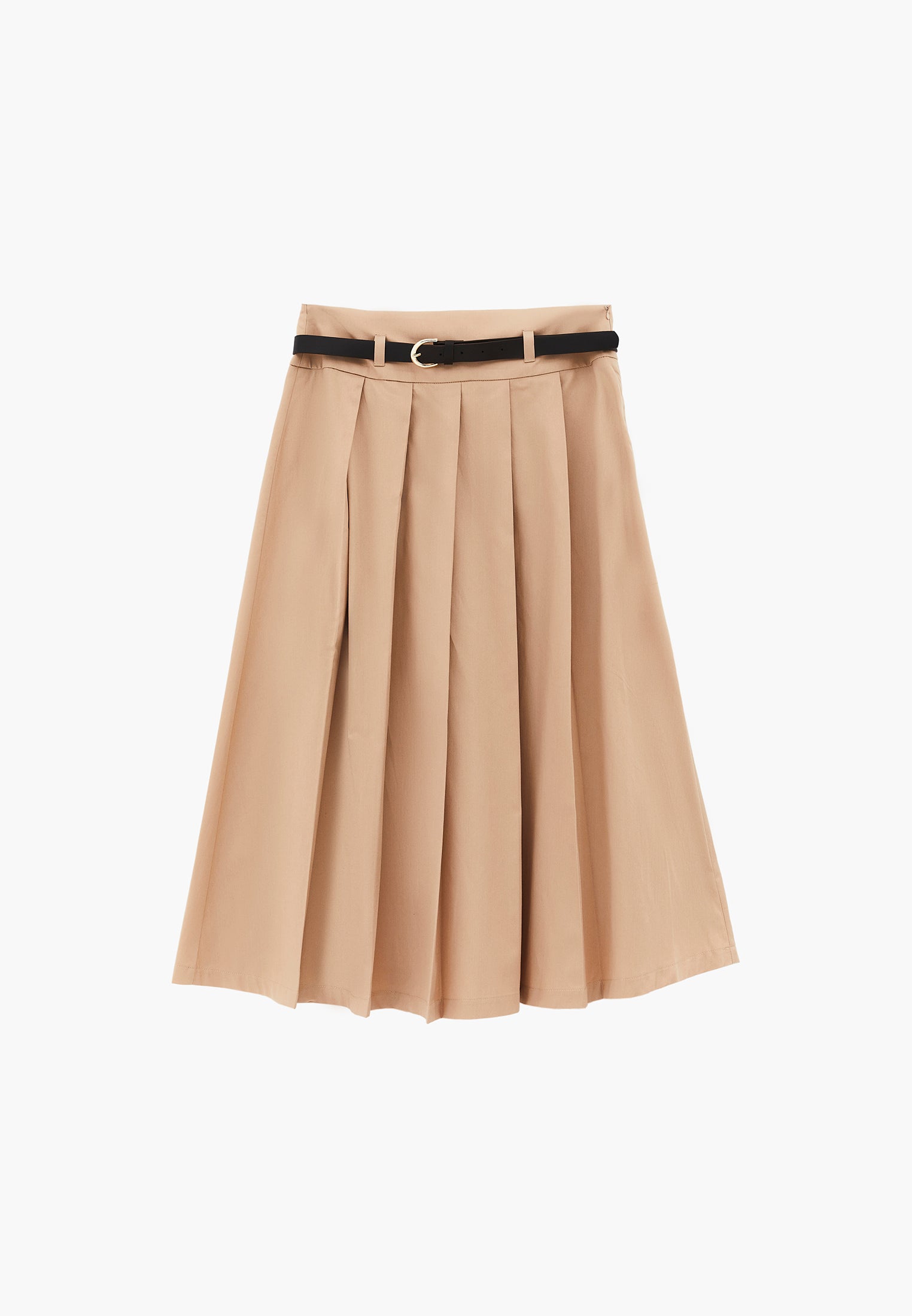 Long Pleated A-Line Skirt With Belt Detail - SAFARI