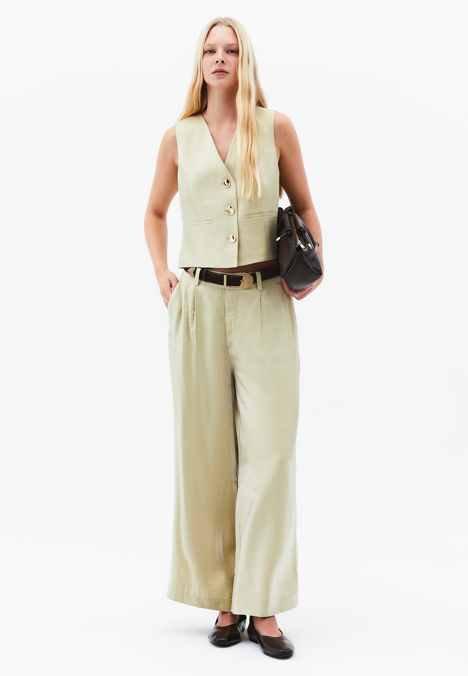 Wide Leg Trousers With Belt Detail - SAGE GREEN