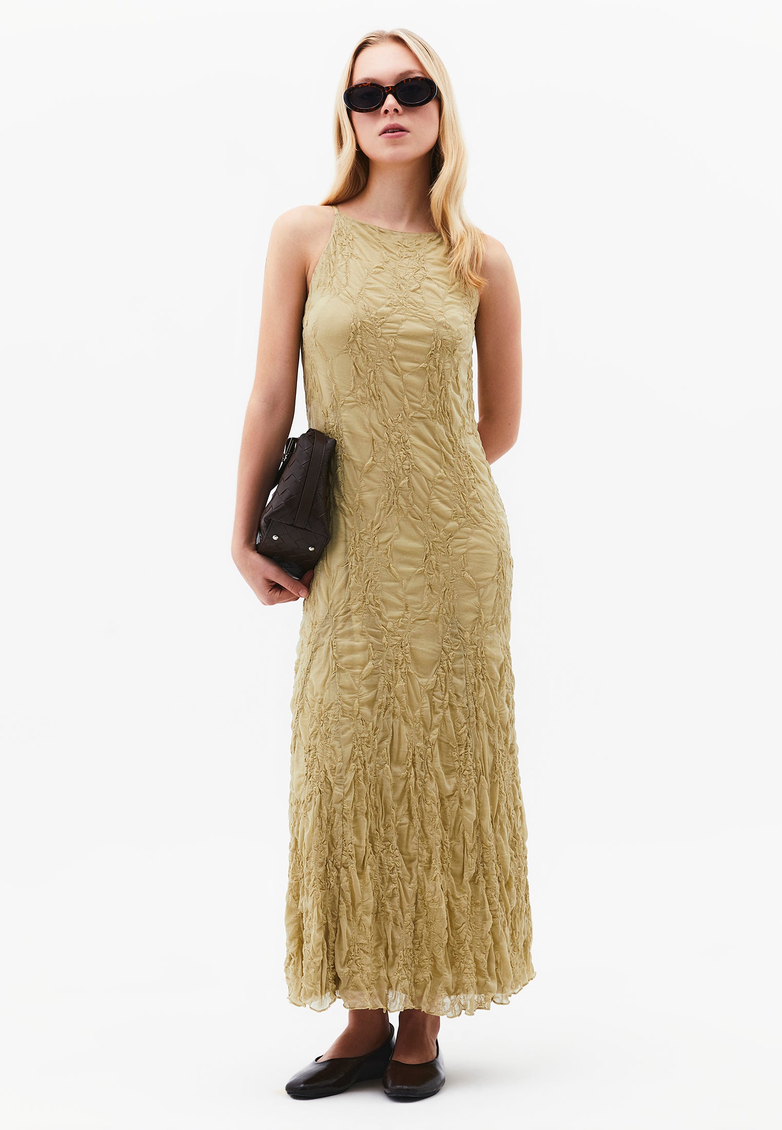 Sleeveless Long Dress With Crew Neck - SAGE GREEN