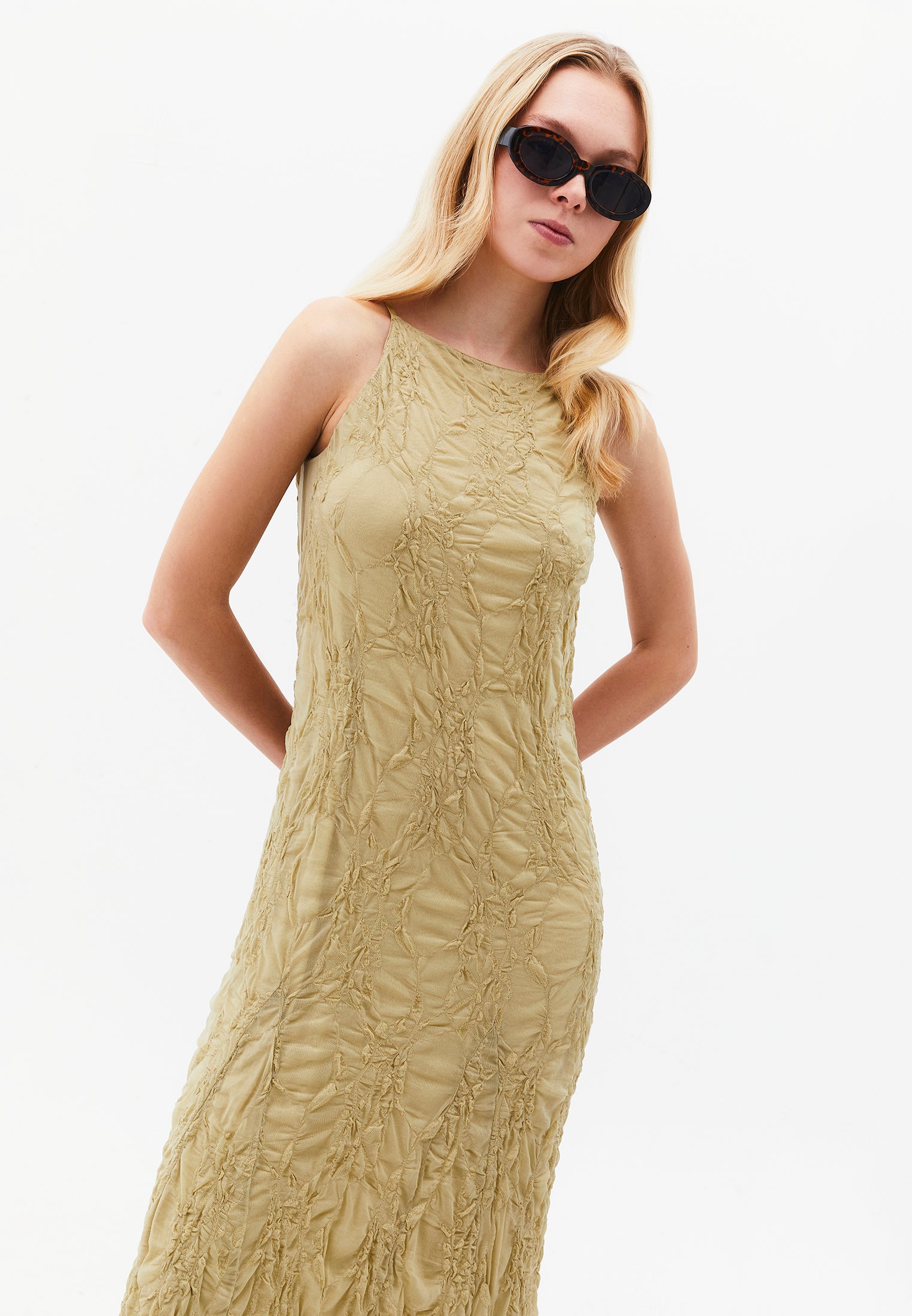 Sleeveless Long Dress With Crew Neck - SAGE GREEN