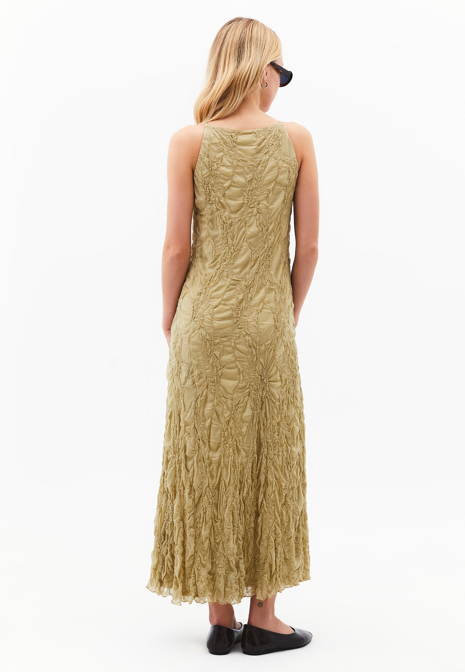 Sleeveless Long Dress With Crew Neck - SAGE GREEN