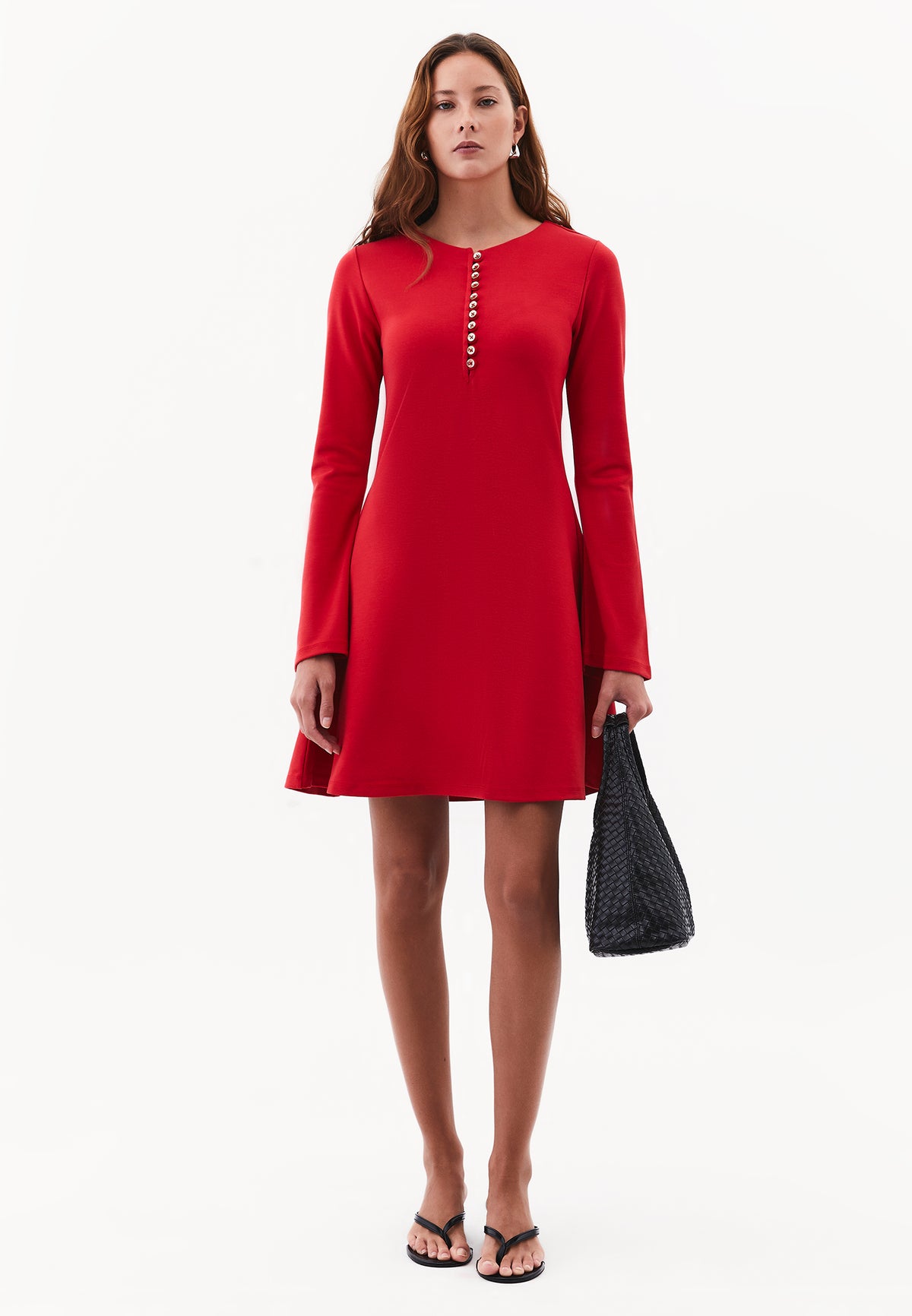 Flared Dress with Stand Collar and Long Sleeves - Red