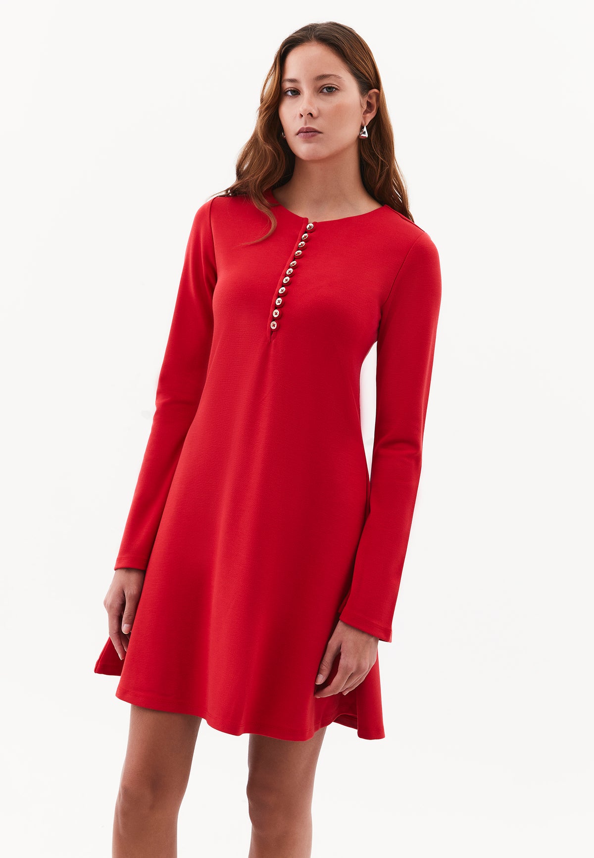 Flared Dress with Stand Collar and Long Sleeves - Red
