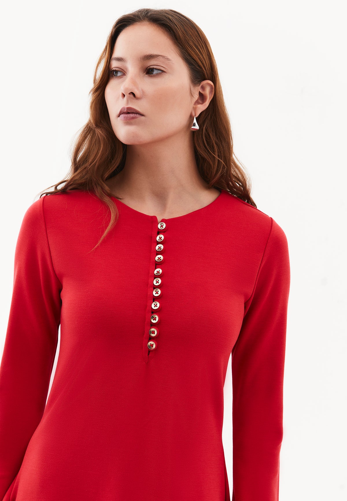 Flared Dress with Stand Collar and Long Sleeves - Red