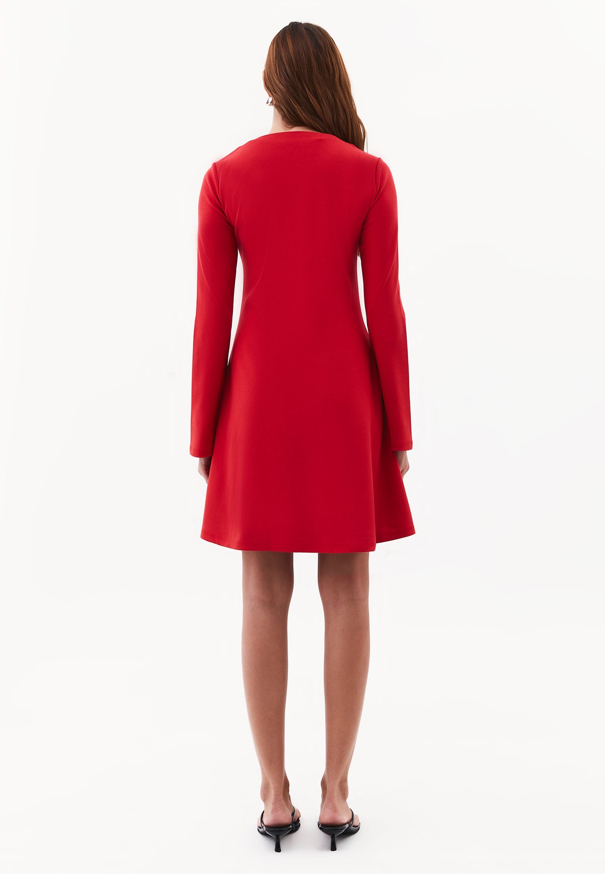 Flared Dress with Stand Collar and Long Sleeves - Red
