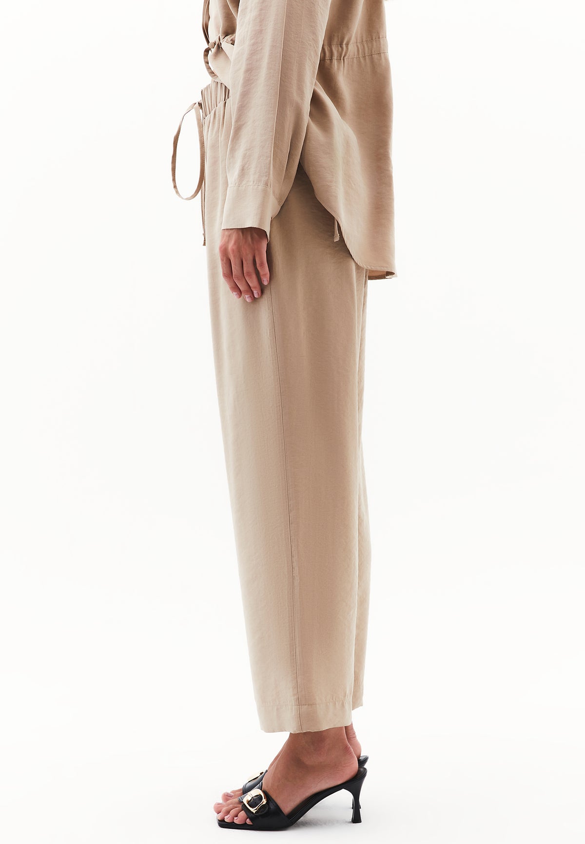 High Waist Elastic Pants - Beige